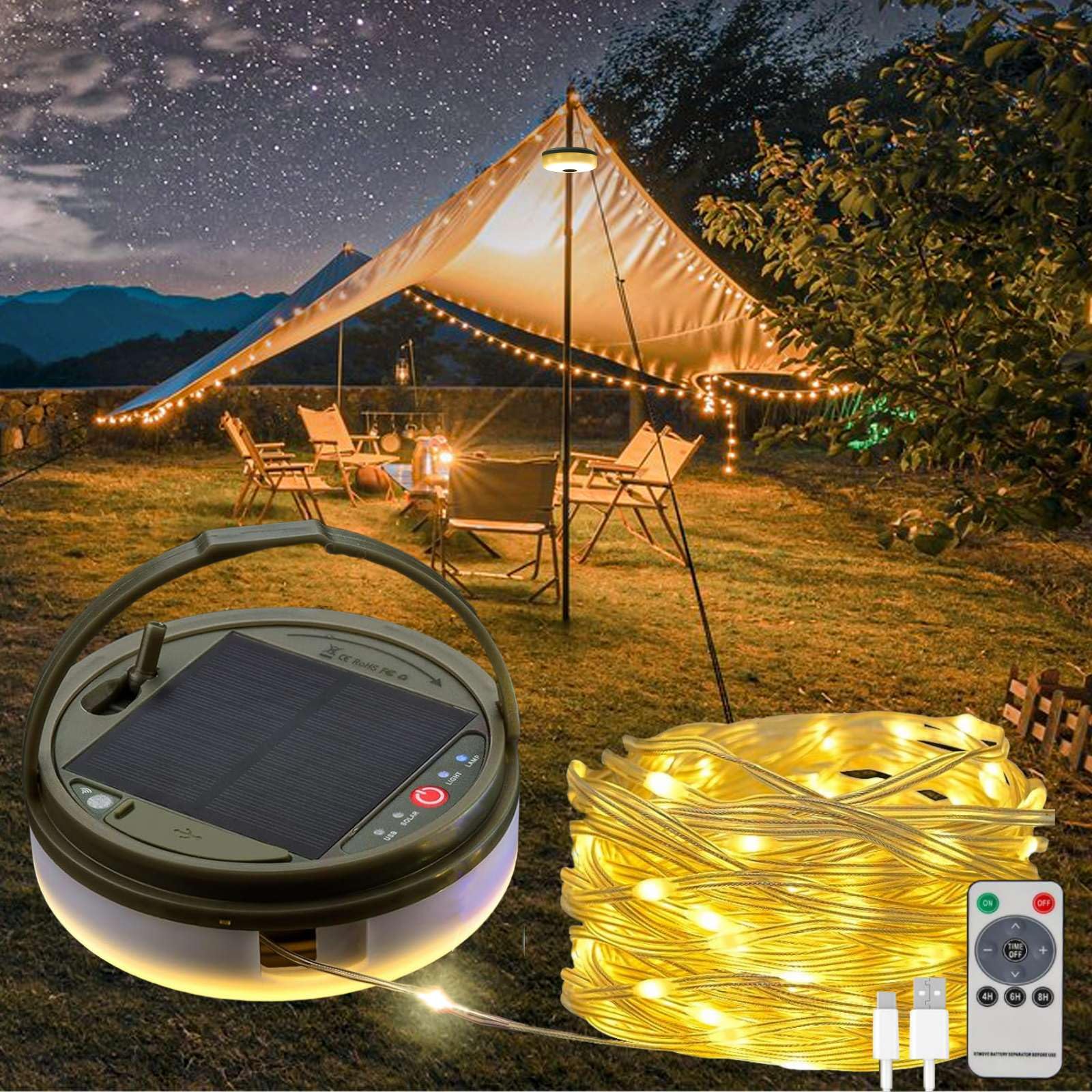 Solar Camping String Lights – 39FT Rechargeable Tent Lantern with 8 Lighting Modes