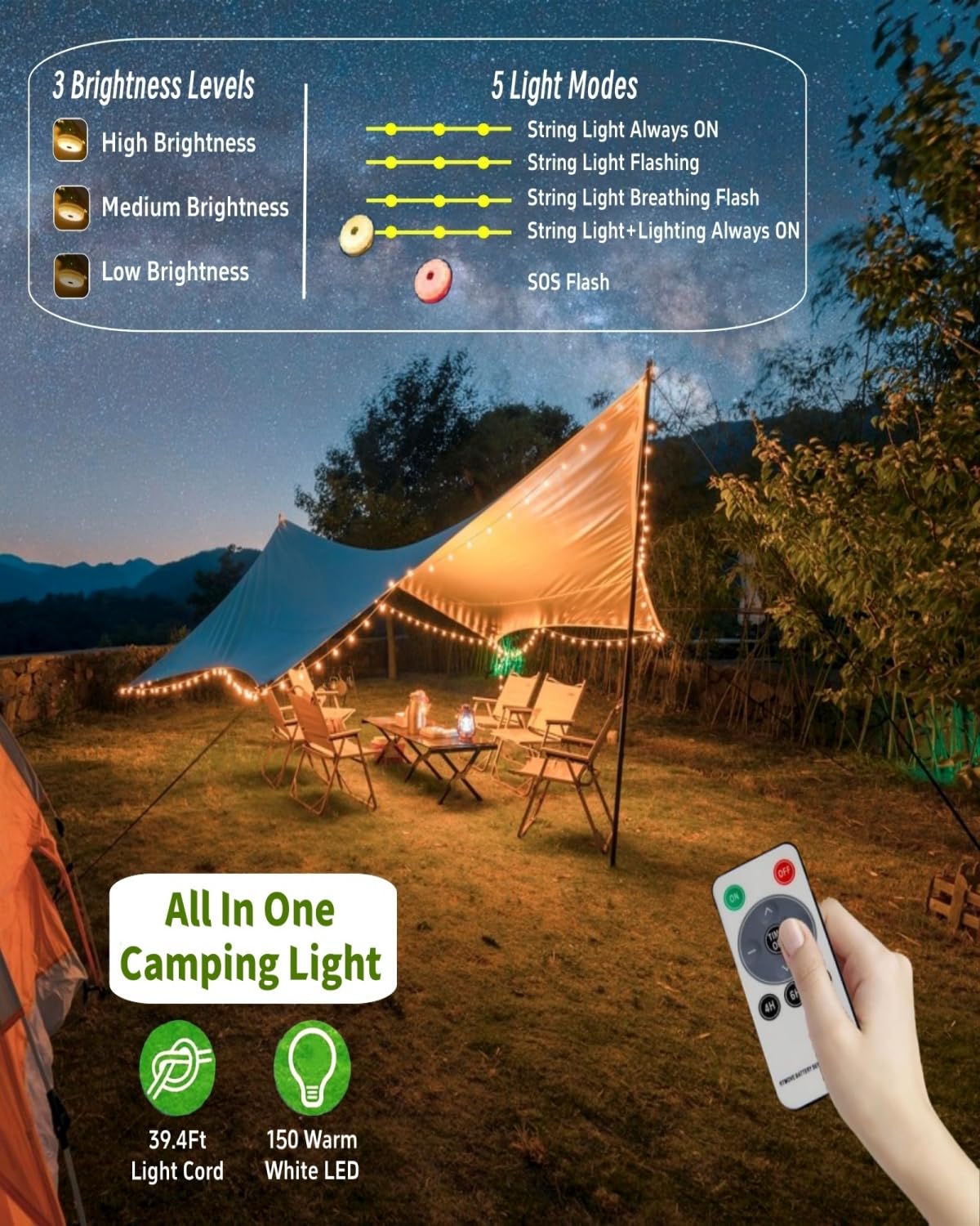 Solar Camping String Lights – 39FT Rechargeable Tent Lantern with 8 Lighting Modes