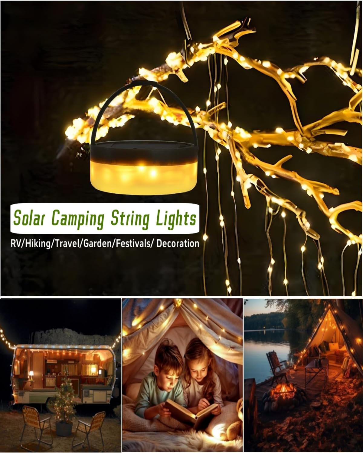 Solar Camping String Lights – 39FT Rechargeable Tent Lantern with 8 Lighting Modes