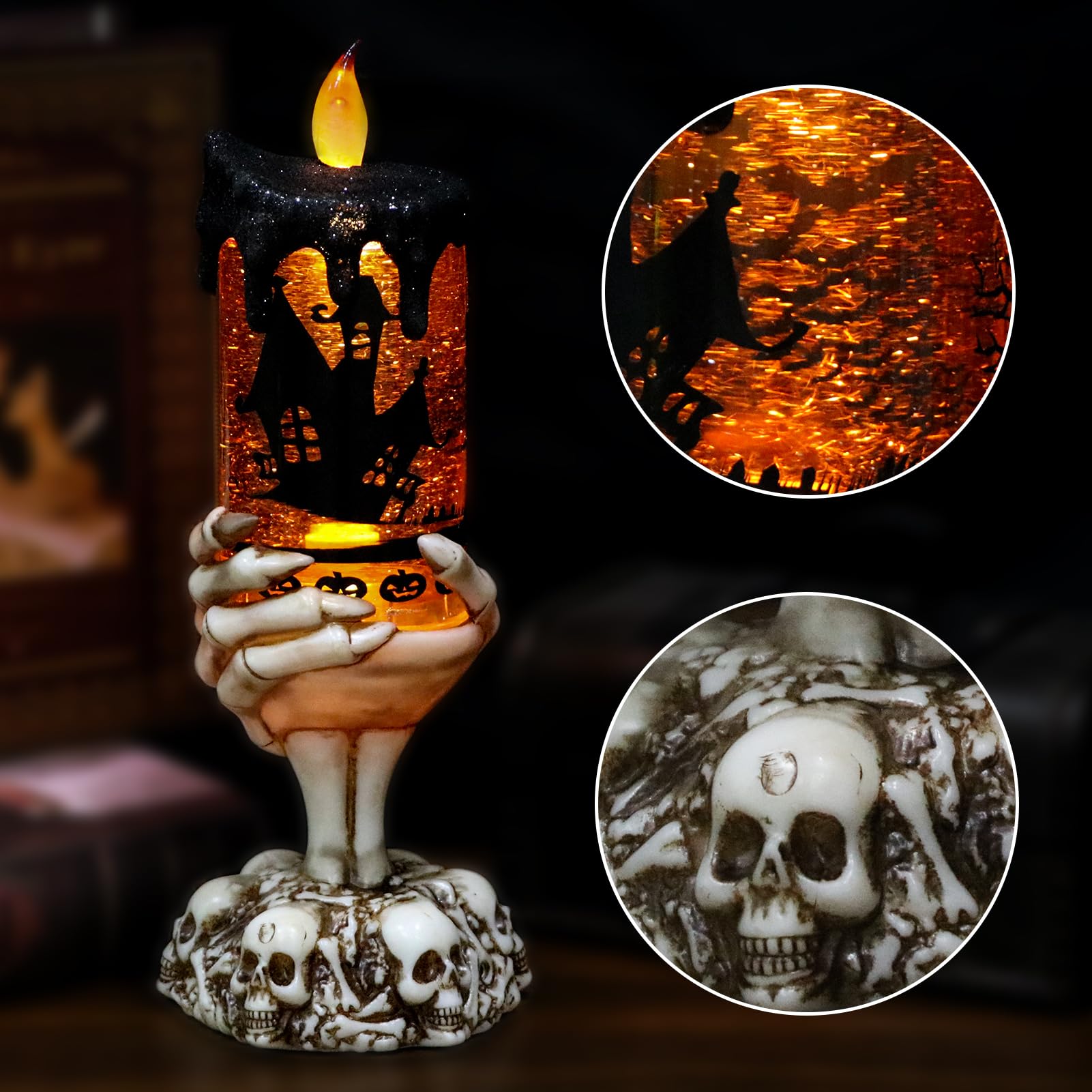 Halloween Spider Snow Globe Candle Lamp – Spooky LED Tornado Glitter Light with Timer, Battery Operated Halloween Decoration