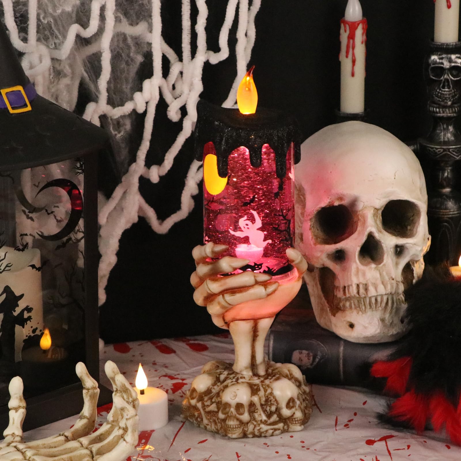 Halloween Spider Snow Globe Candle Lamp – Spooky LED Tornado Glitter Light with Timer, Battery Operated Halloween Decoration