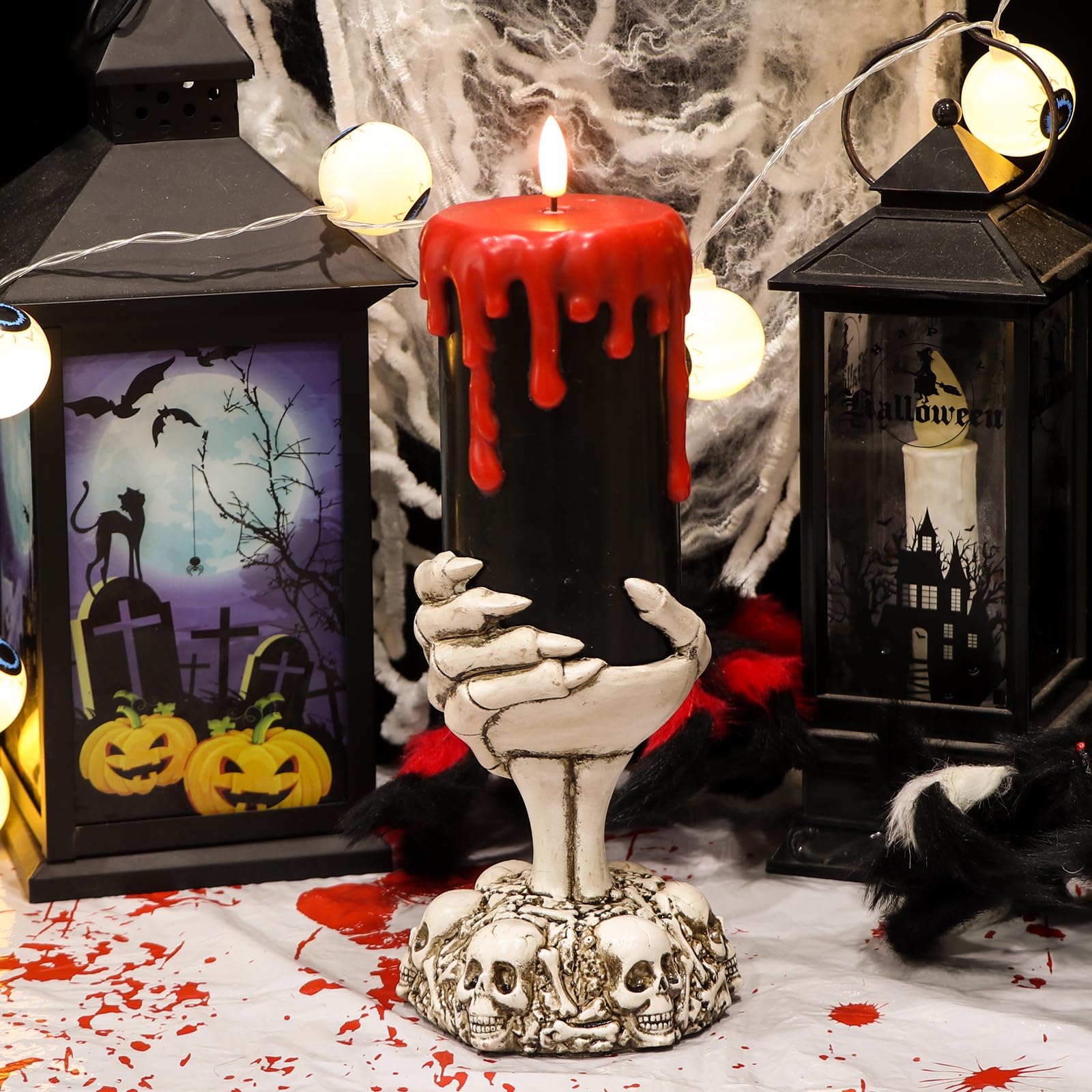 Halloween Spider Snow Globe Candle Lamp – Spooky LED Tornado Glitter Light with Timer, Battery Operated Halloween Decoration