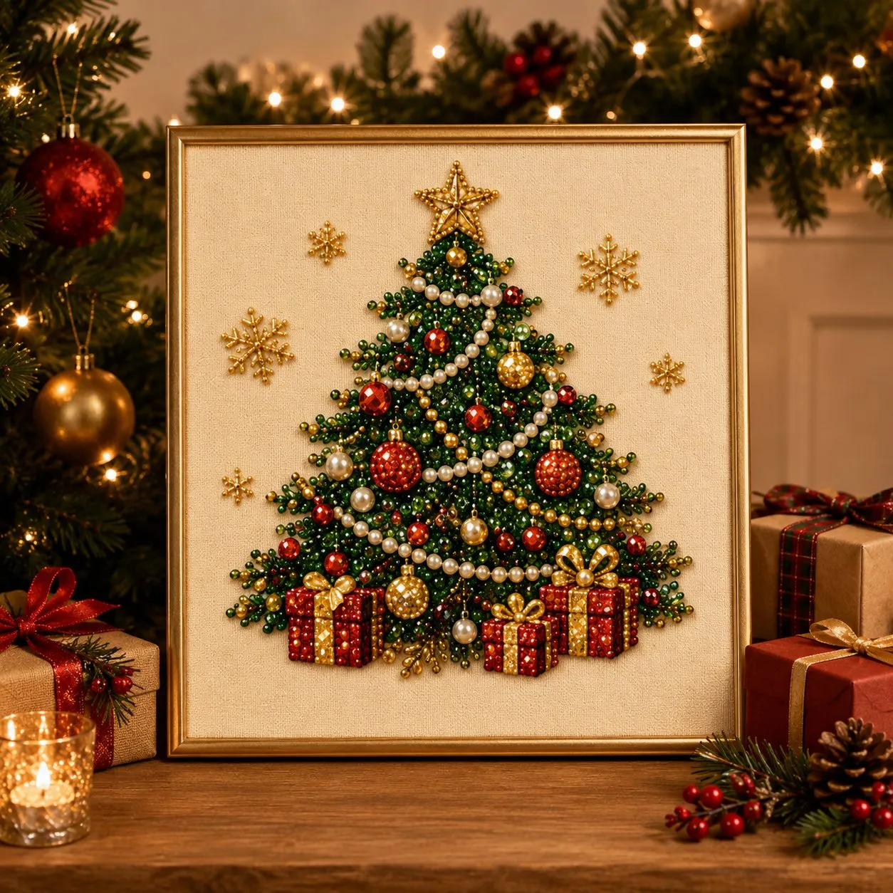 Christmas Pearl Diamond Painting DIY Kit – Beginner-Friendly 3D Beaded Holiday Artwork with Frame