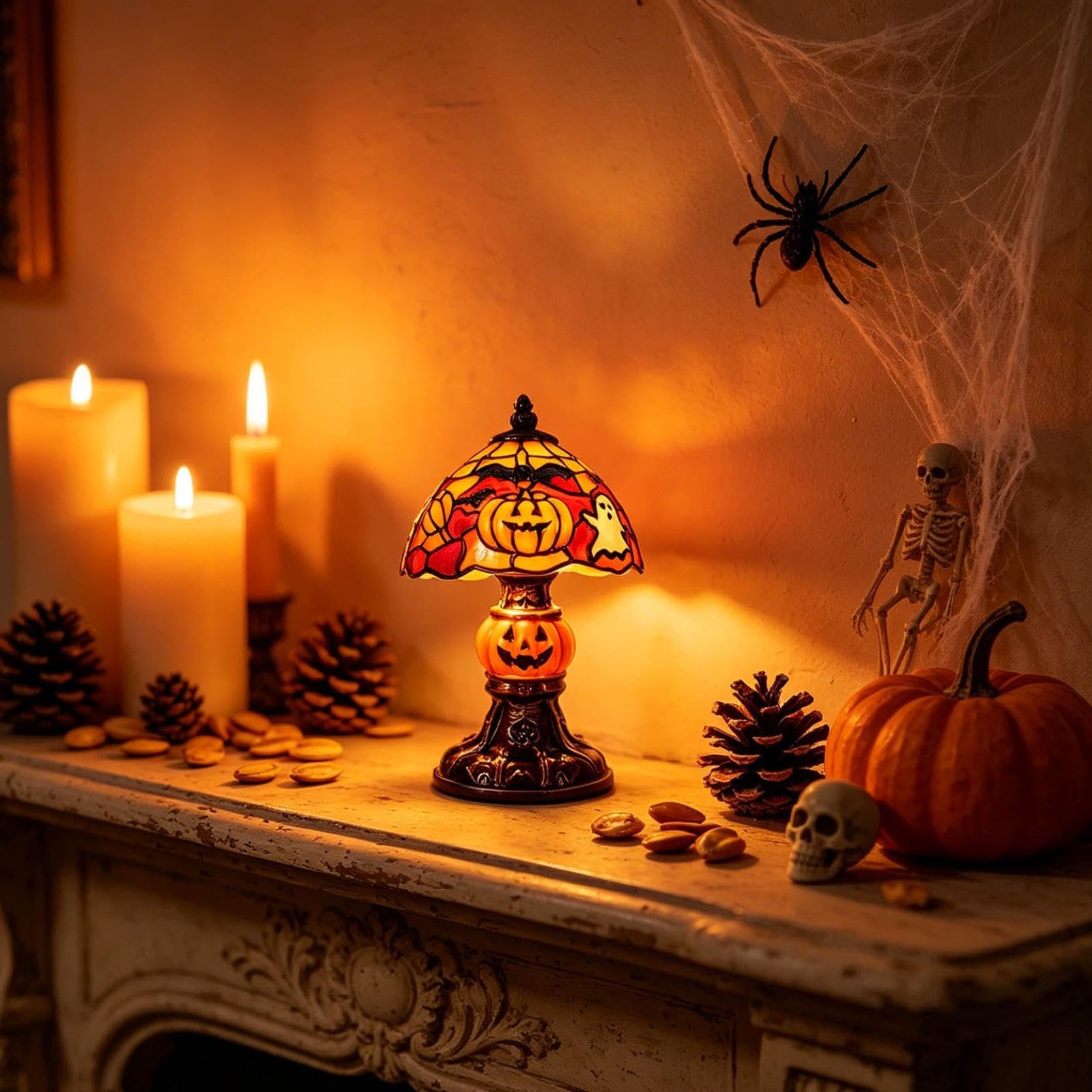 Halloween Stained Glass Night Light – Gothic Bat & Pumpkin Resin Table Lamp for Spooky Home Decor