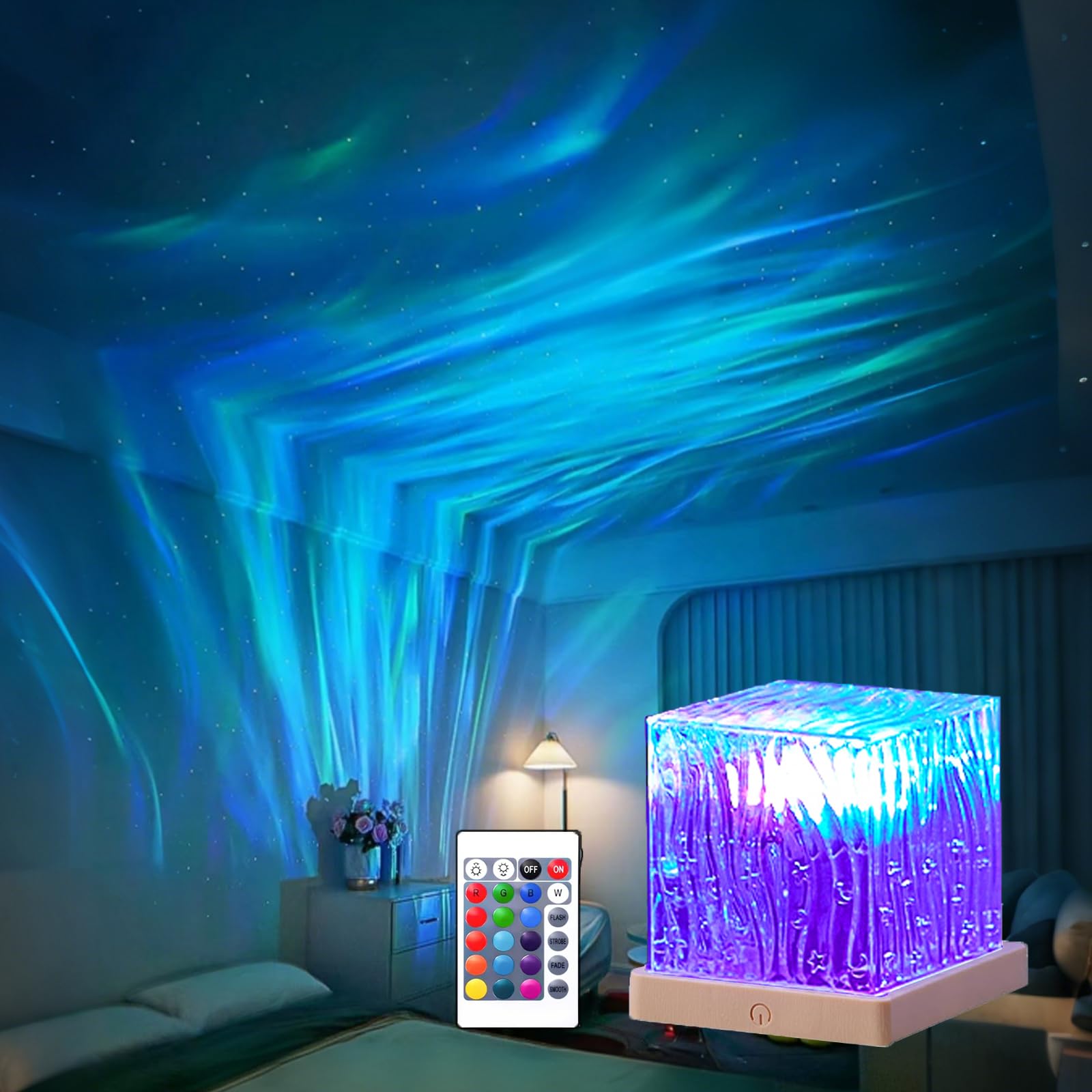 Ocean Wave LED Projector – 16-Color 3D Water Ripple Night Light with Remote for Bedroom, Kids Room, Bathroom & Relaxation