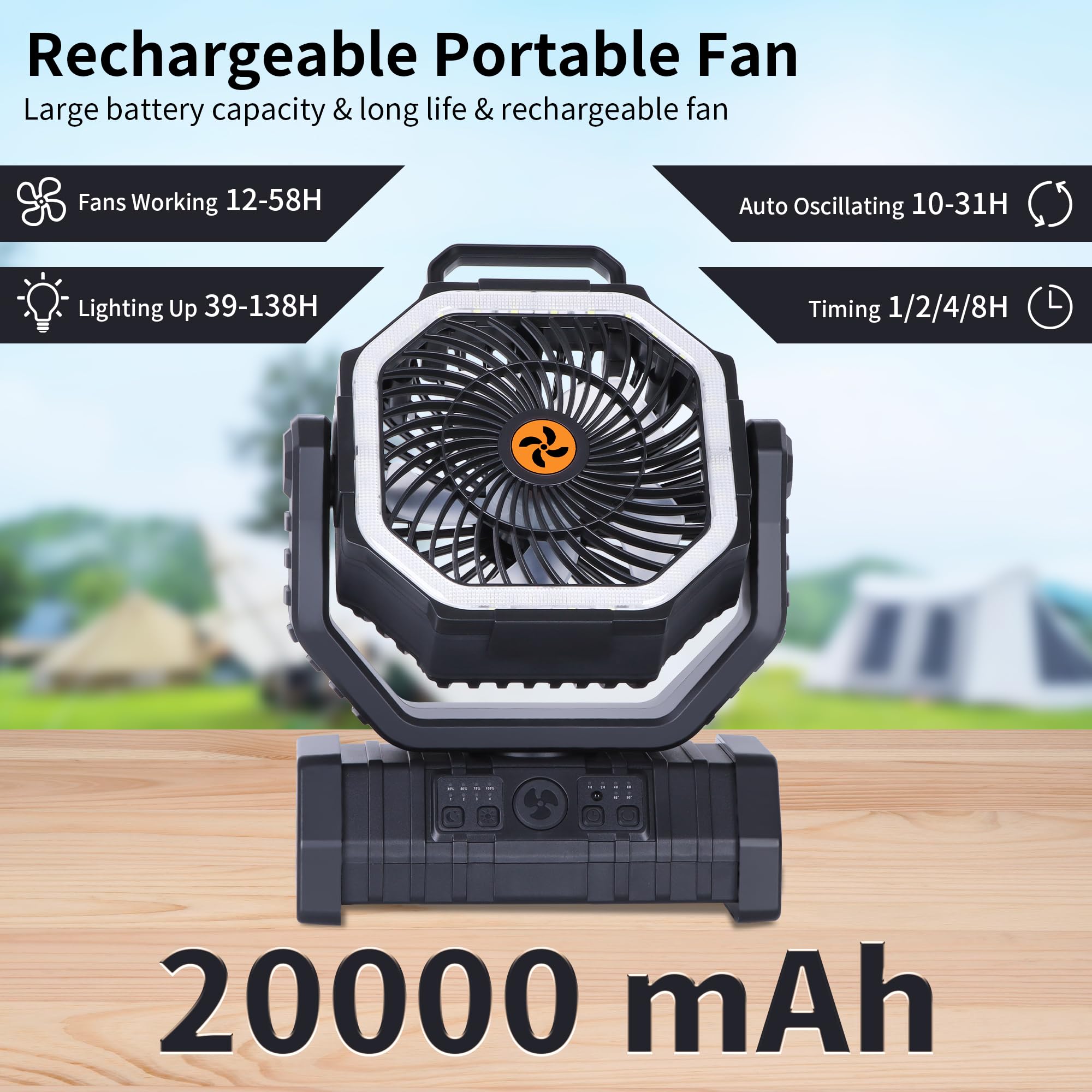 Rechargeable Camping Fan with LED Light – Portable Battery Powered Emergency Fan with 360° Oscillation, Hook & 8H Timer
