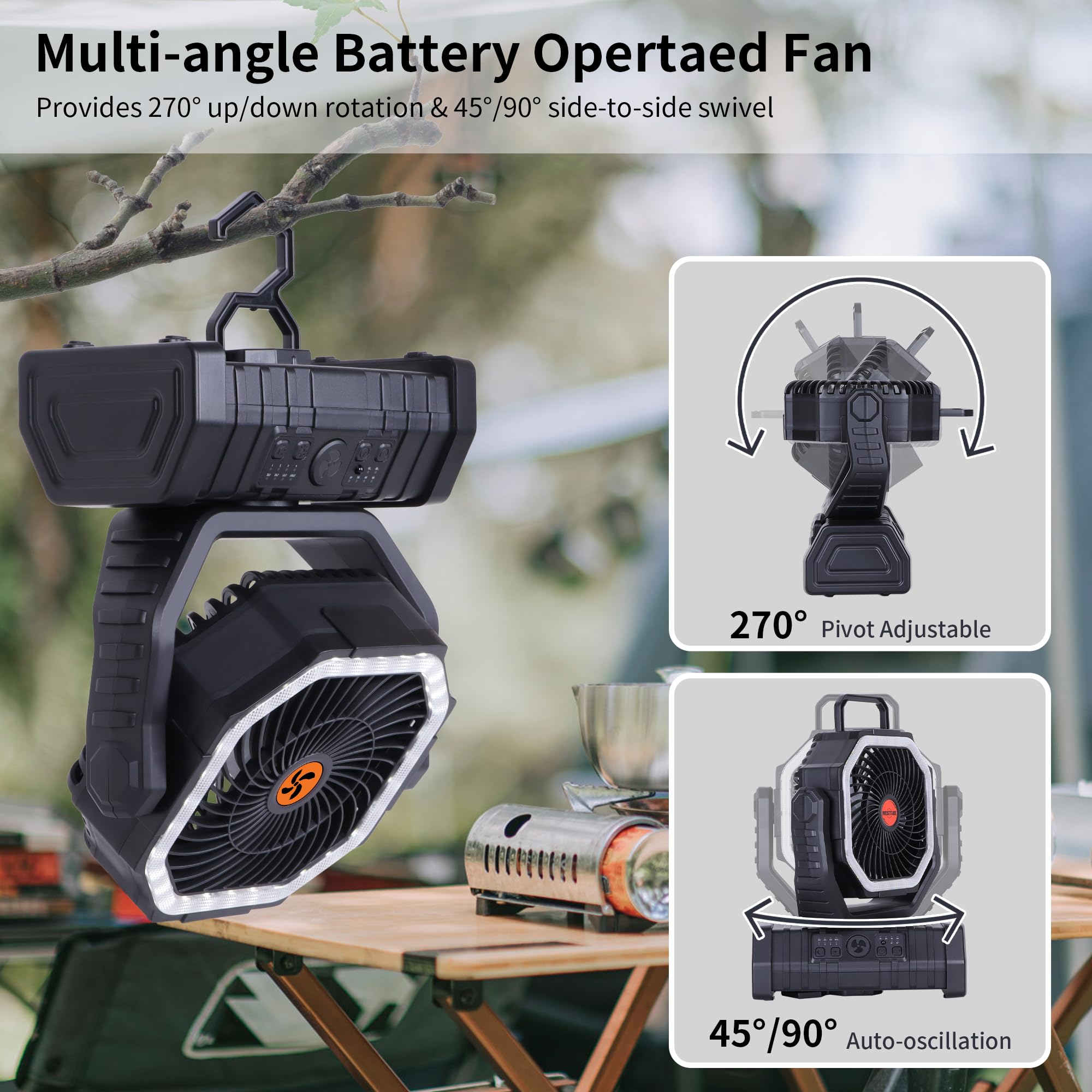 Rechargeable Camping Fan with LED Light – Portable Battery Powered Emergency Fan with 360° Oscillation, Hook & 8H Timer