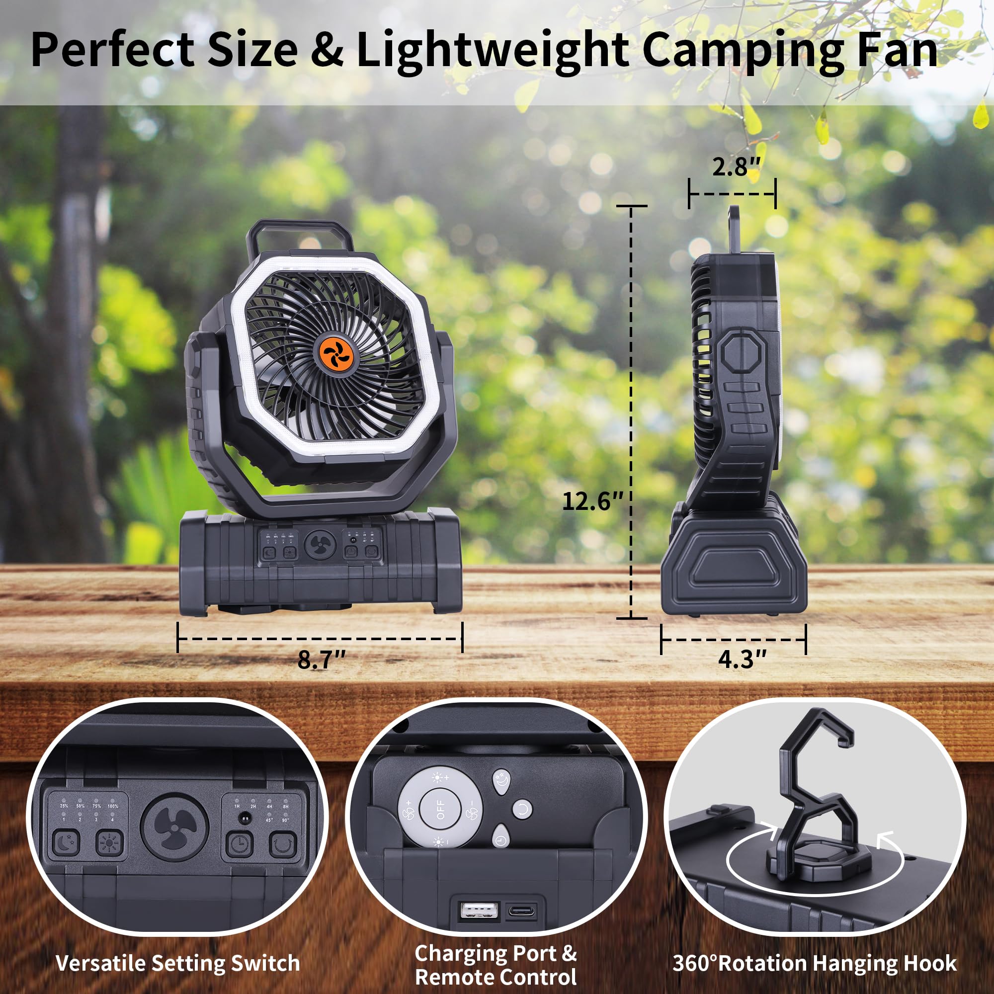 Rechargeable Camping Fan with LED Light – Portable Battery Powered Emergency Fan with 360° Oscillation, Hook & 8H Timer