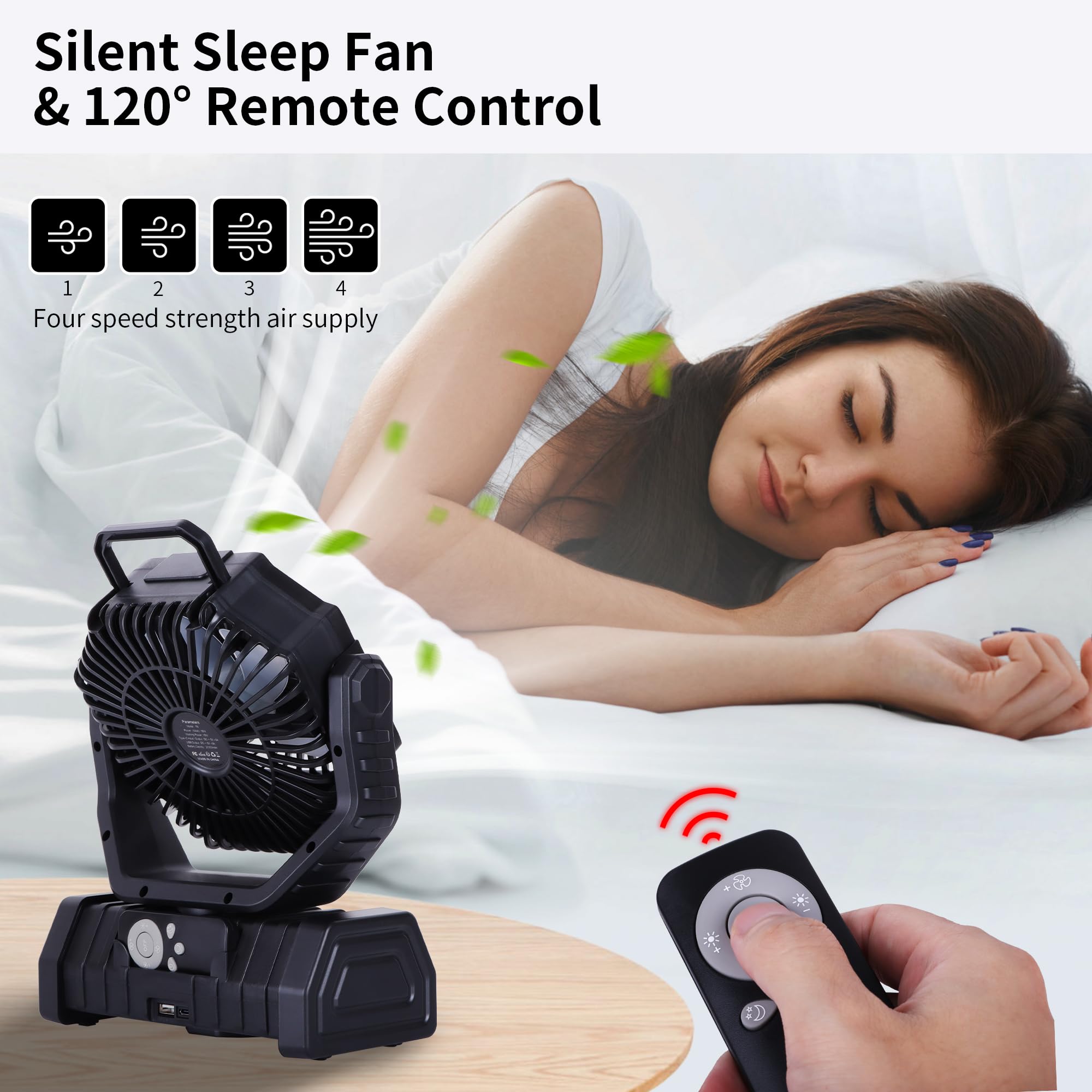 Rechargeable Camping Fan with LED Light – Portable Battery Powered Emergency Fan with 360° Oscillation, Hook & 8H Timer