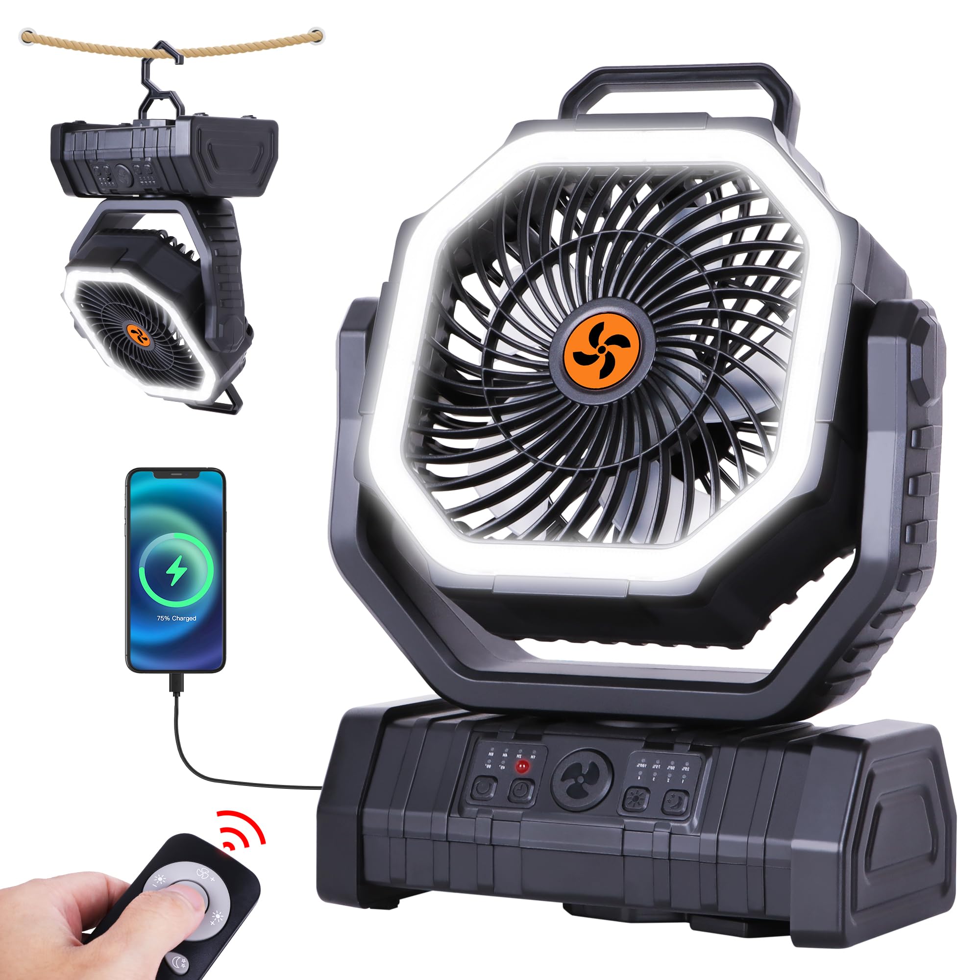 Rechargeable Camping Fan with LED Light – Portable Battery Powered Emergency Fan with 360° Oscillation, Hook & 8H Timer