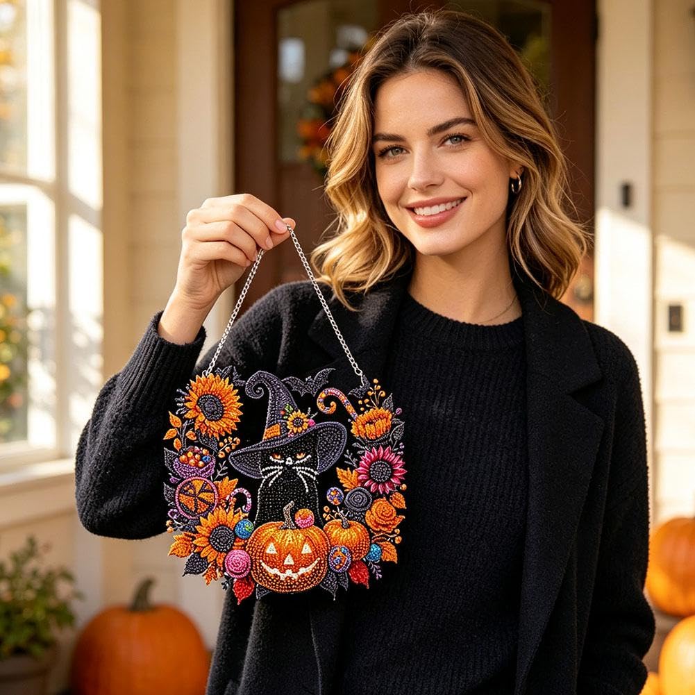 Halloween Witch Moon Diamond Art Hanging Ornament Kit – DIY Acrylic Gem Painting Pendant for Fall Home Decor & Spooky Season Crafts