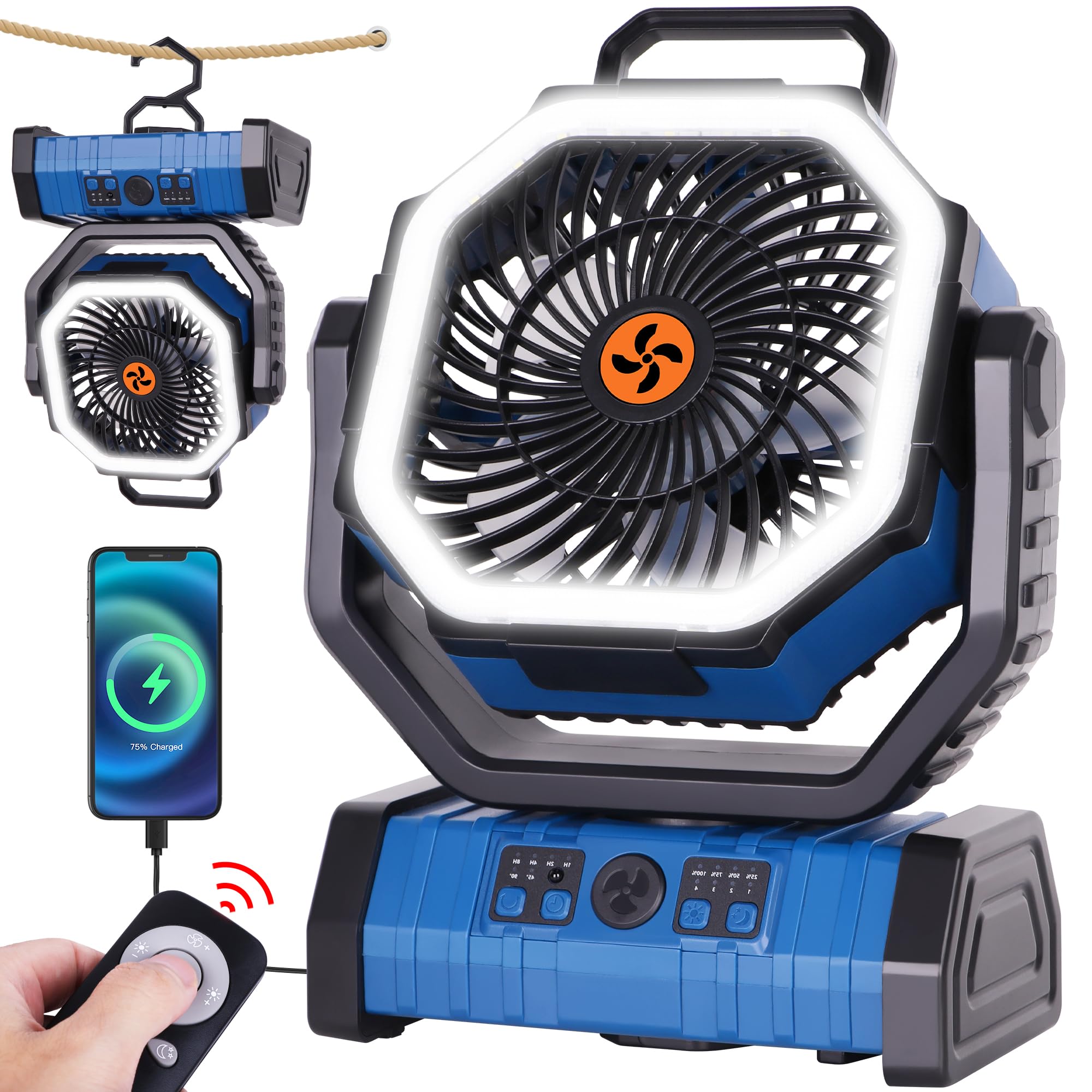 Rechargeable Camping Fan with LED Light – Portable Battery Powered Emergency Fan with 360° Oscillation, Hook & 8H Timer