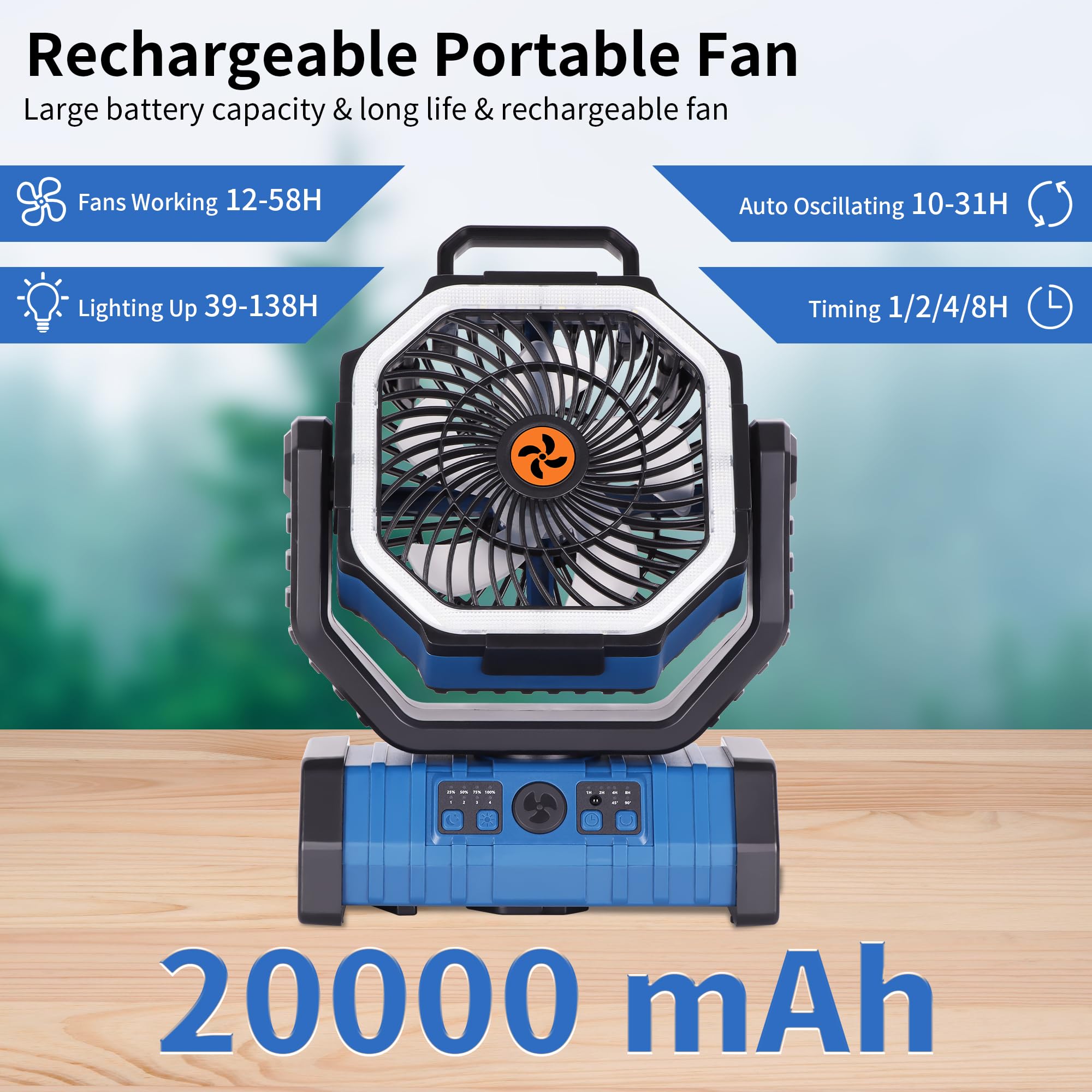 Rechargeable Camping Fan with LED Light – Portable Battery Powered Emergency Fan with 360° Oscillation, Hook & 8H Timer