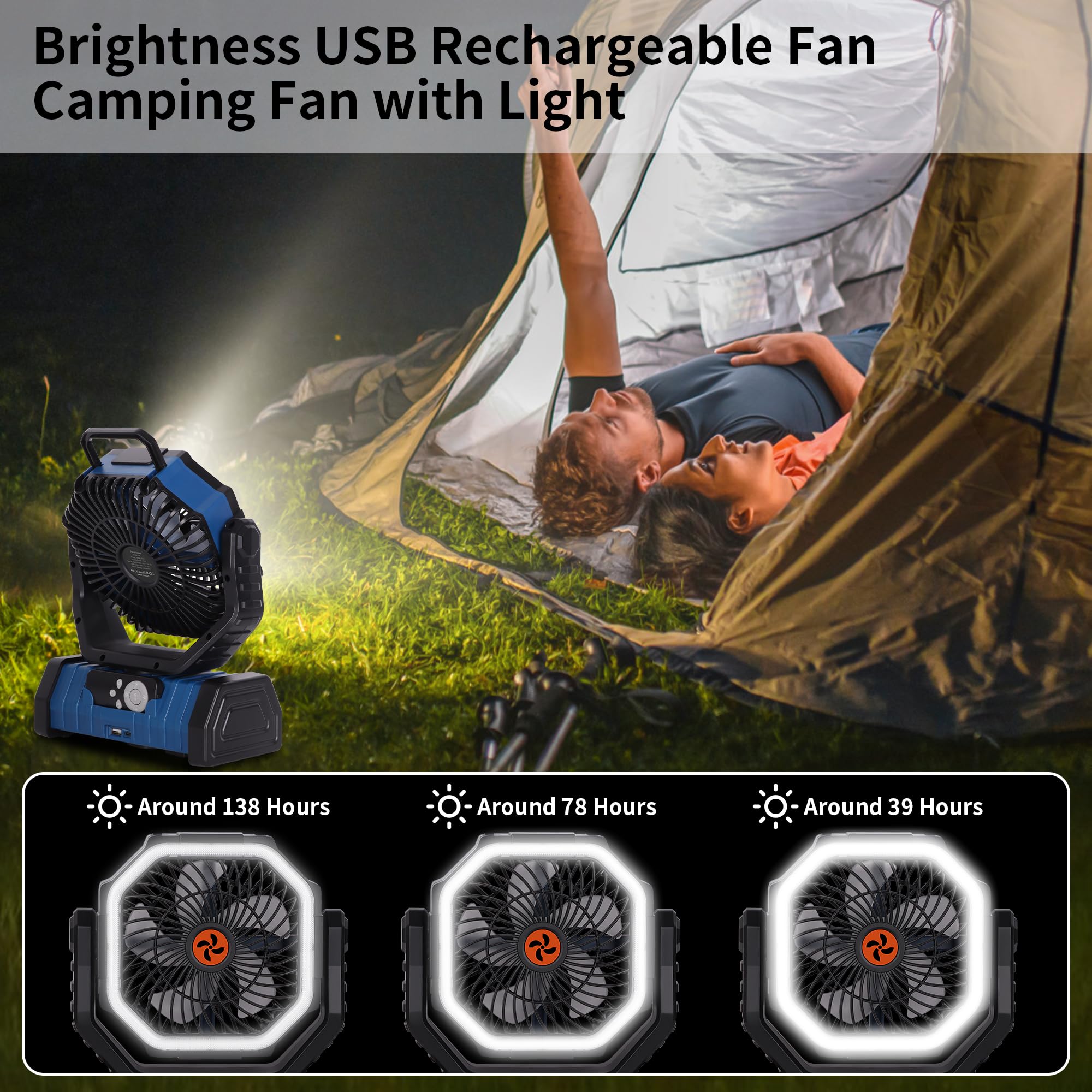 Rechargeable Camping Fan with LED Light – Portable Battery Powered Emergency Fan with 360° Oscillation, Hook & 8H Timer