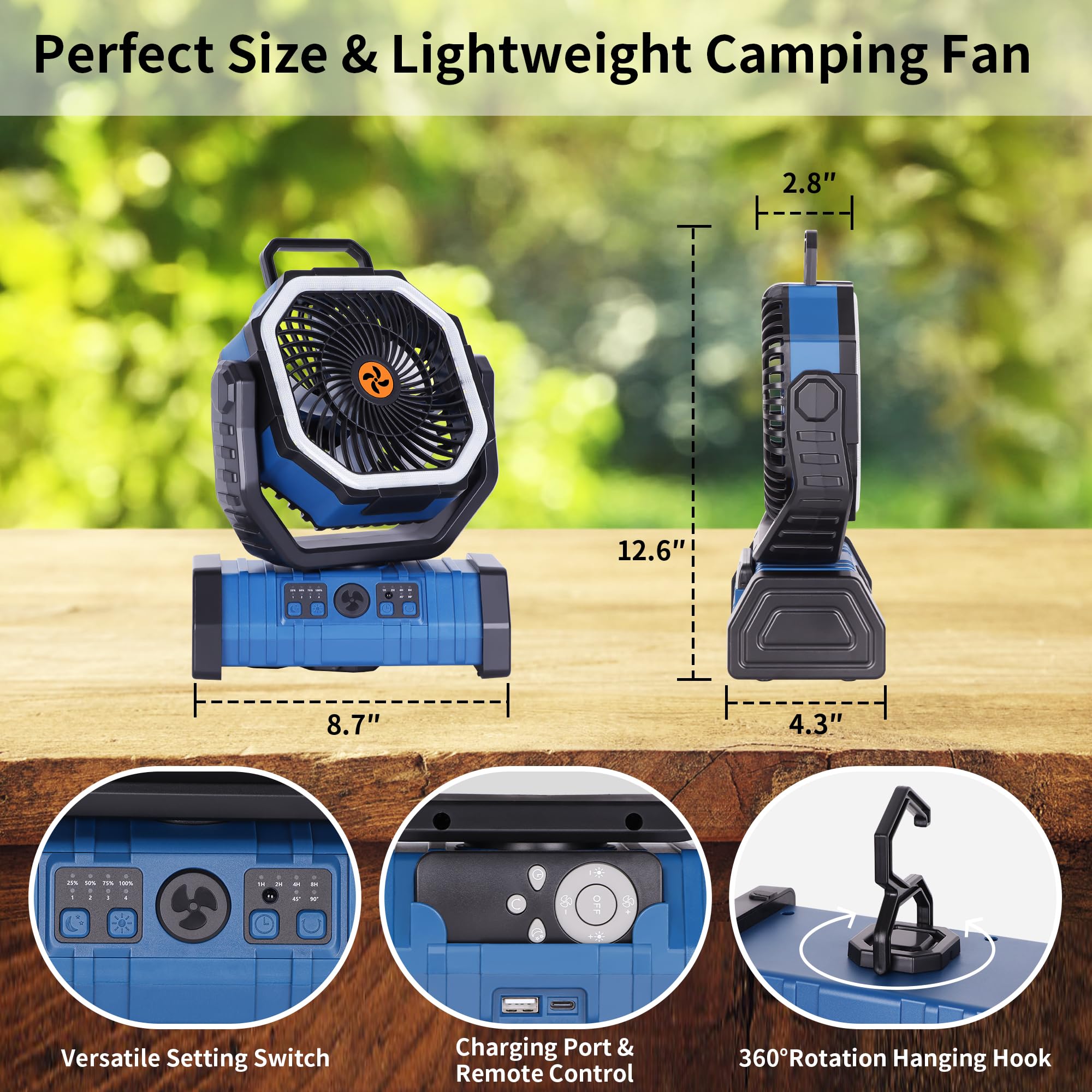 Rechargeable Camping Fan with LED Light – Portable Battery Powered Emergency Fan with 360° Oscillation, Hook & 8H Timer