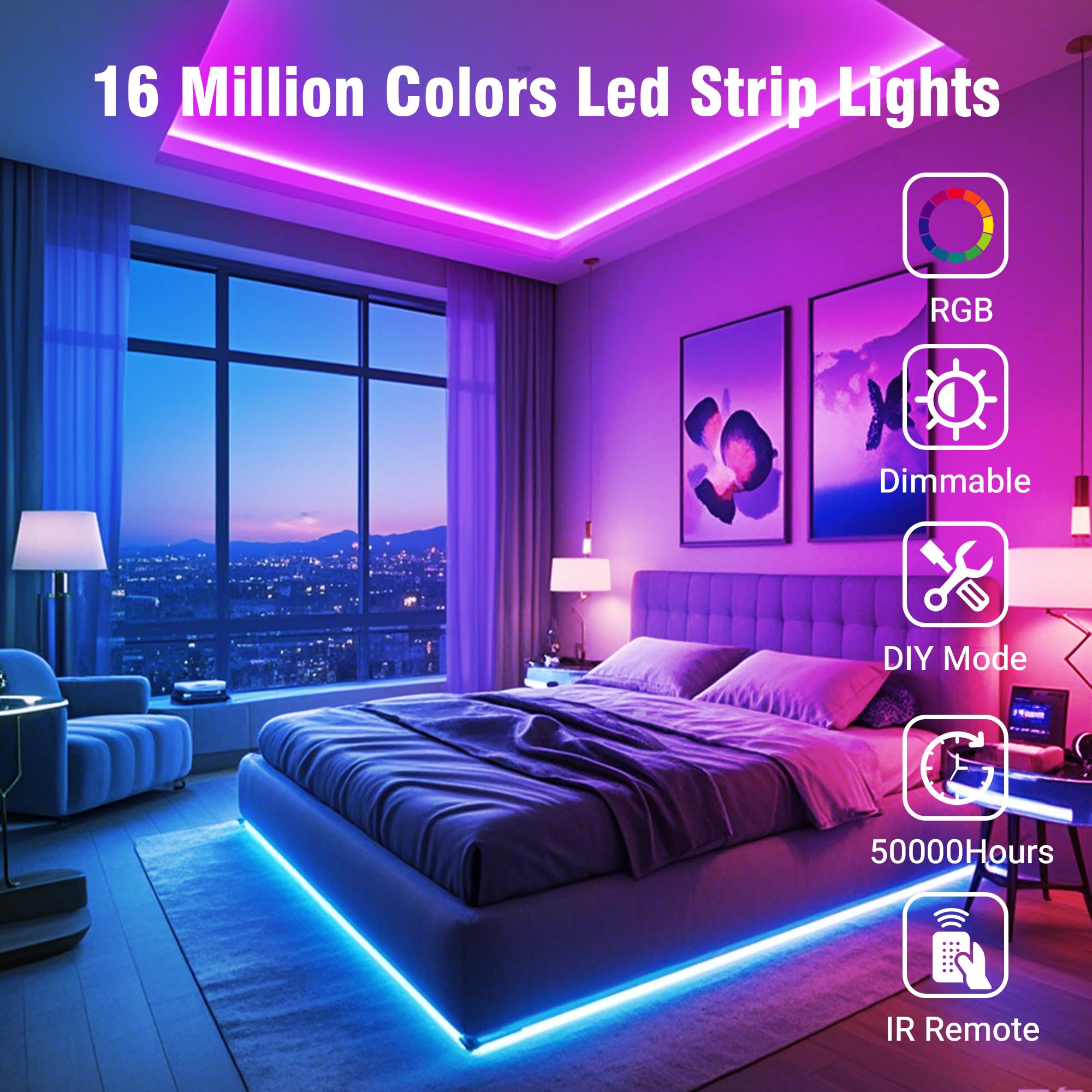 100ft RGB LED Strip Lights – Color Changing Smart LED Light Kit with Bluetooth & IR Remote, Music Sync Room Lighting for Bedroom, Home
