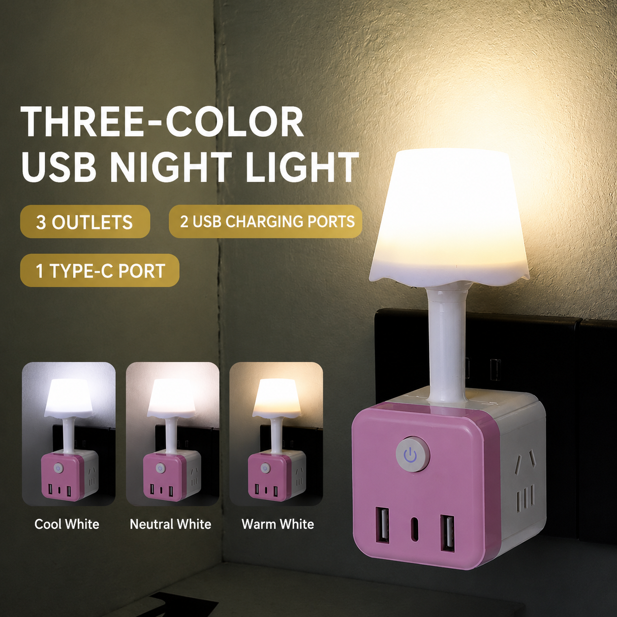 Mini USB Night Light Power Cube – Bedside Lamp & Charging Station