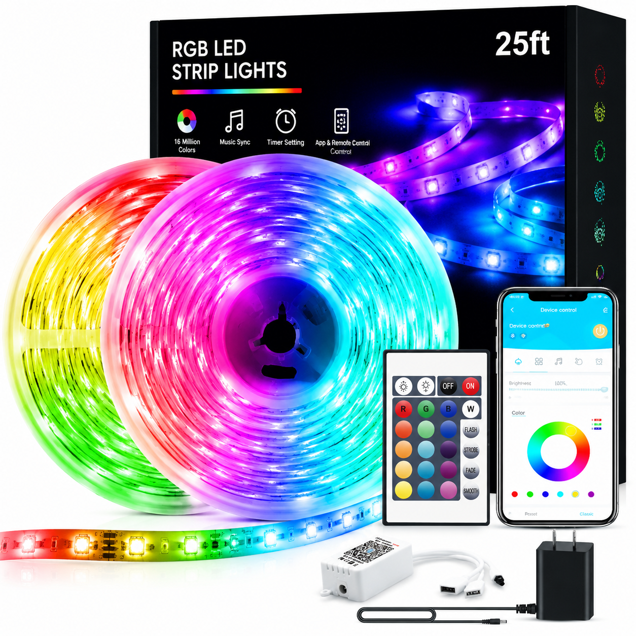 100ft RGB LED Strip Lights – Color Changing Smart LED Light Kit with Bluetooth & IR Remote, Music Sync Room Lighting for Bedroom, Home