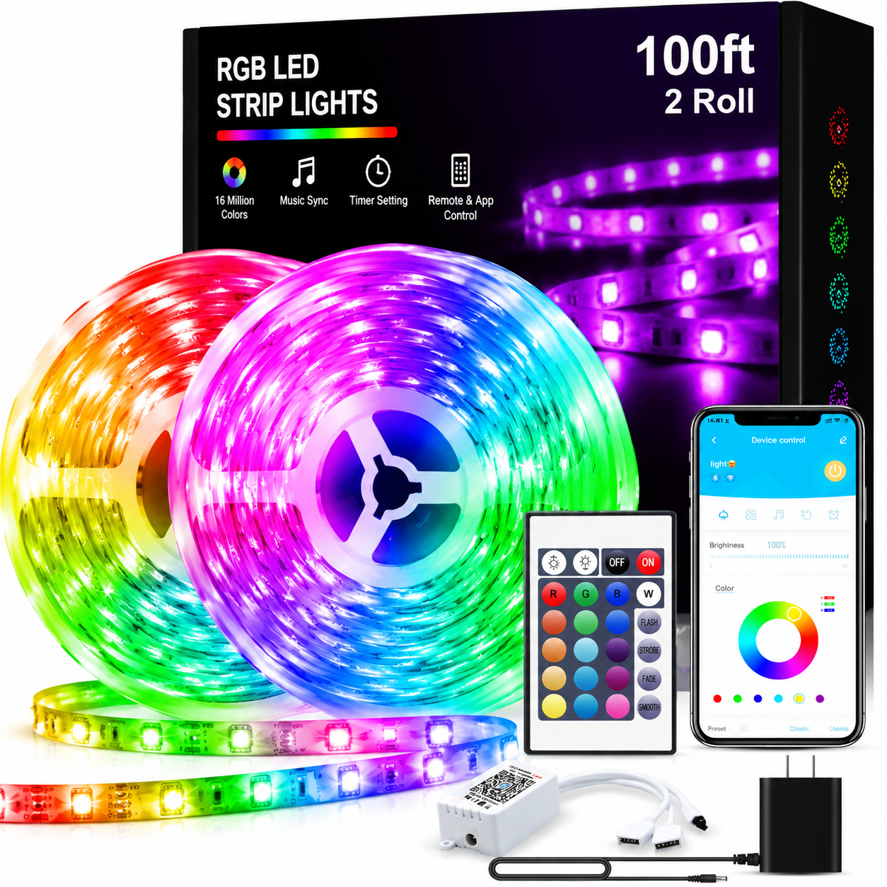 100ft RGB LED Strip Lights – Color Changing Smart LED Light Kit with Bluetooth & IR Remote, Music Sync Room Lighting for Bedroom, Home