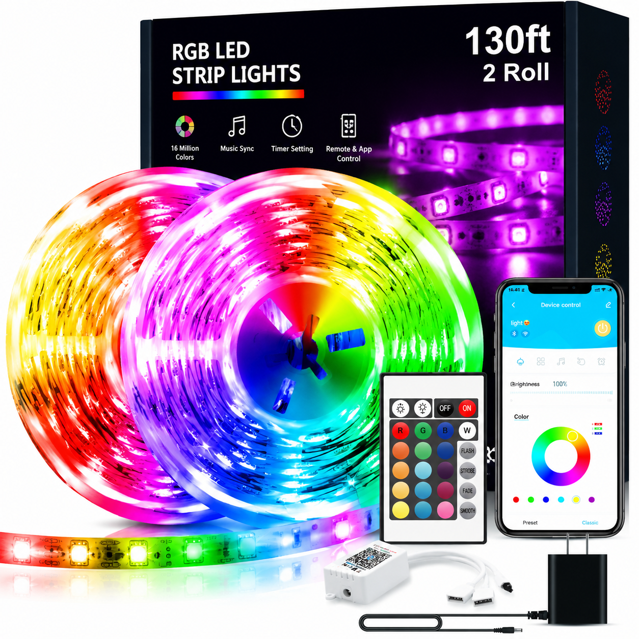 100ft RGB LED Strip Lights – Color Changing Smart LED Light Kit with Bluetooth & IR Remote, Music Sync Room Lighting for Bedroom, Home