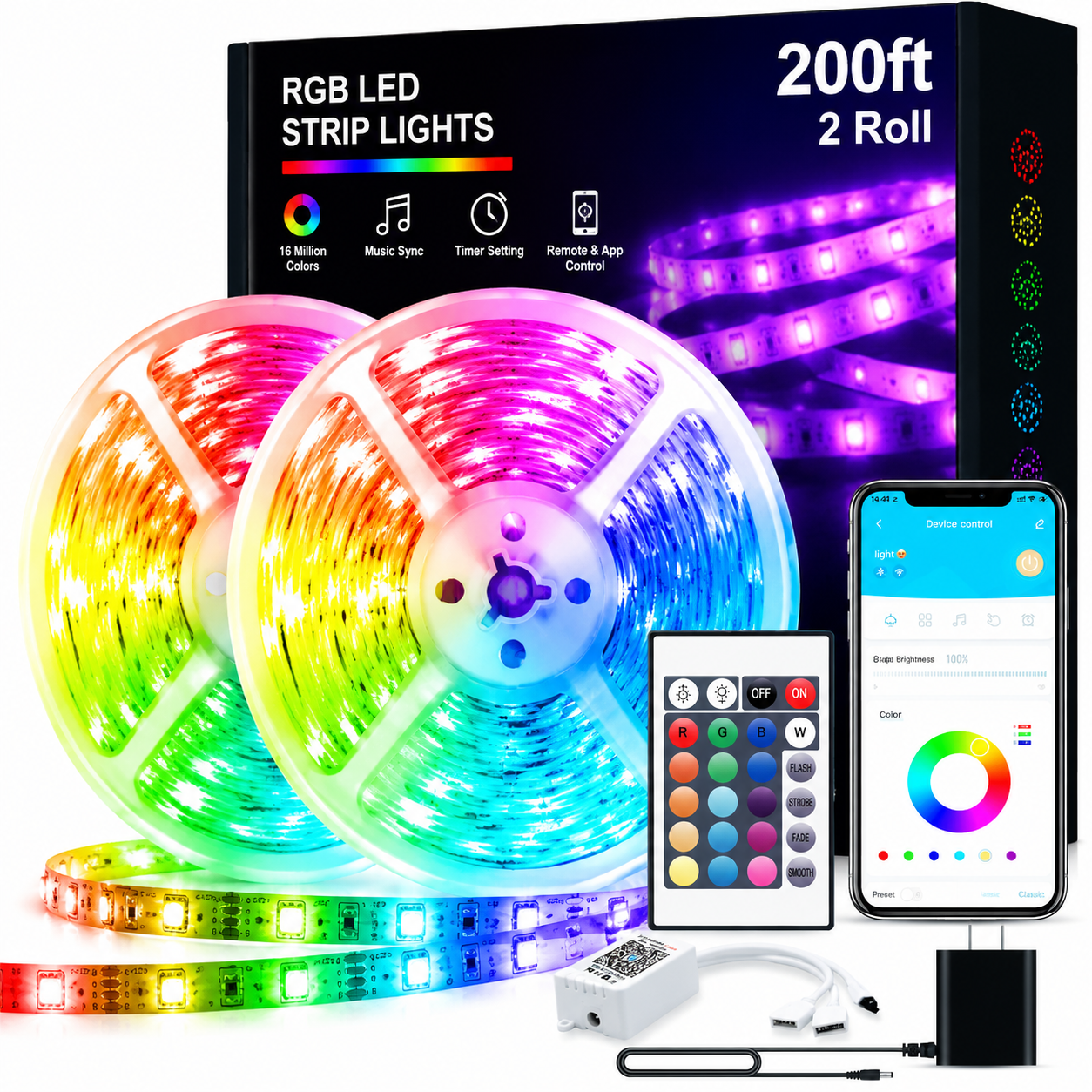 100ft RGB LED Strip Lights – Color Changing Smart LED Light Kit with Bluetooth & IR Remote, Music Sync Room Lighting for Bedroom, Home