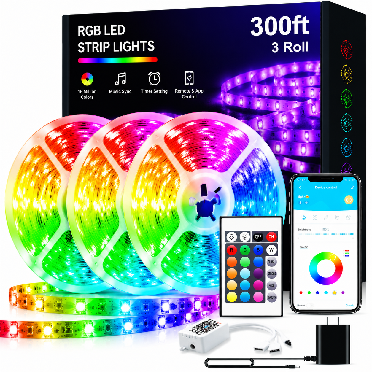100ft RGB LED Strip Lights – Color Changing Smart LED Light Kit with Bluetooth & IR Remote, Music Sync Room Lighting for Bedroom, Home