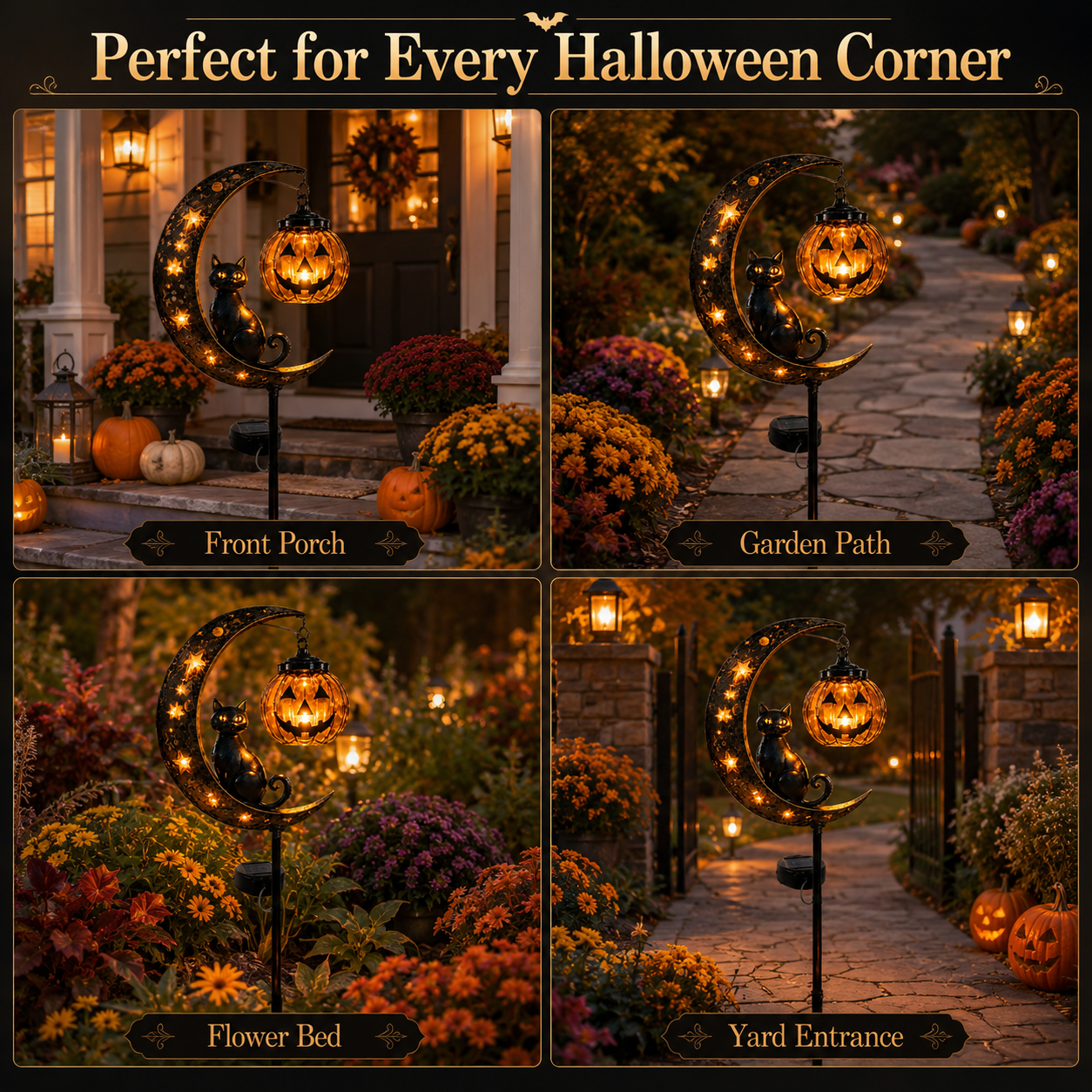 Solar Pumpkin Moon Garden Stake Light – Black Cat Halloween Outdoor Decor