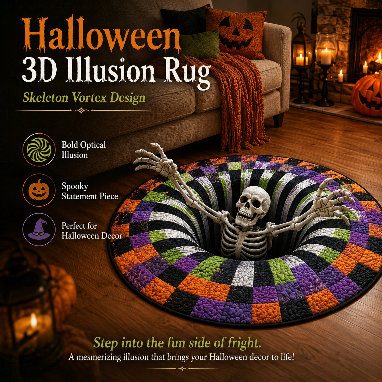Halloween 3D Optical Illusion Rug – Spooky Vortex Floor Mat for Halloween Home Decor
