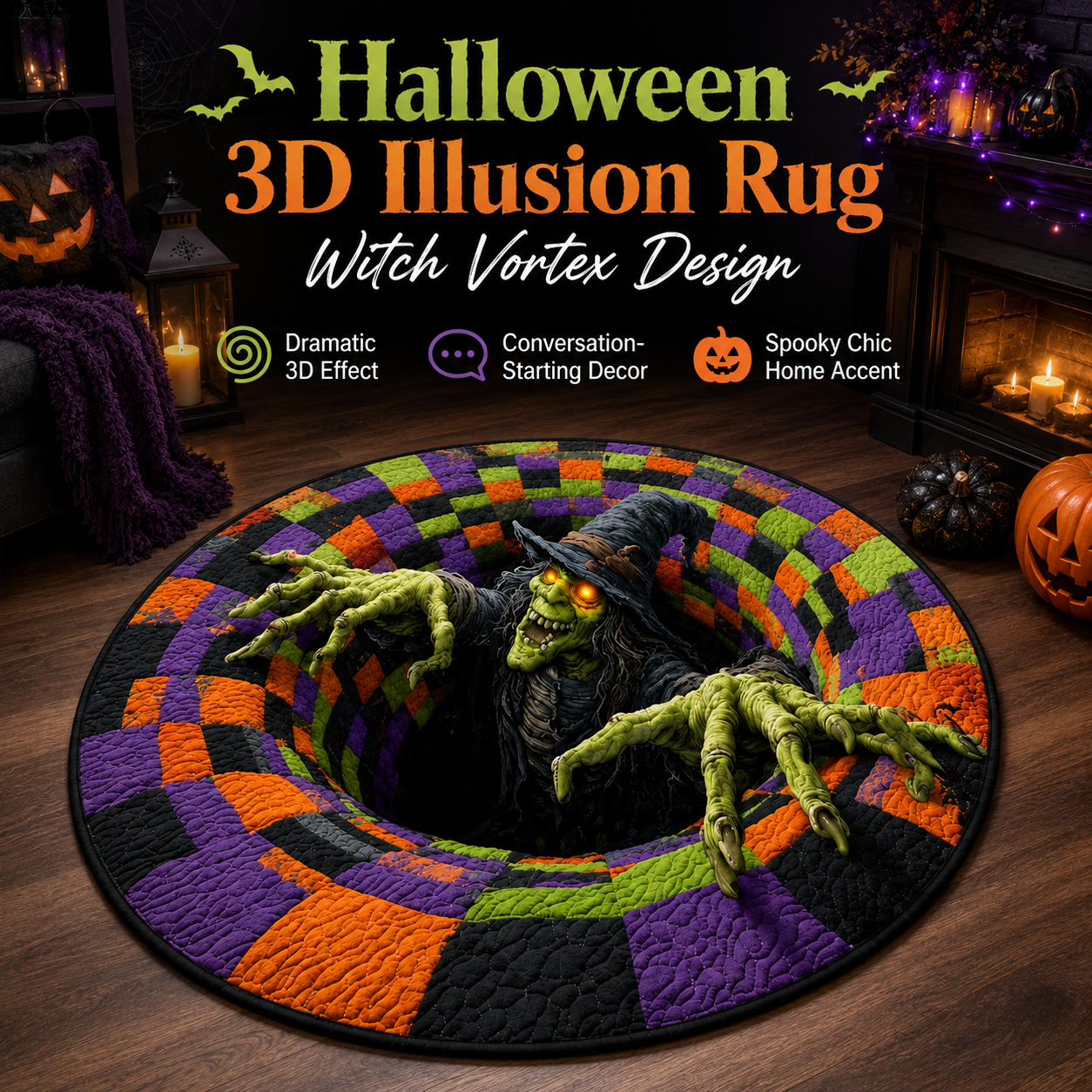 Halloween 3D Optical Illusion Rug – Spooky Vortex Floor Mat for Halloween Home Decor