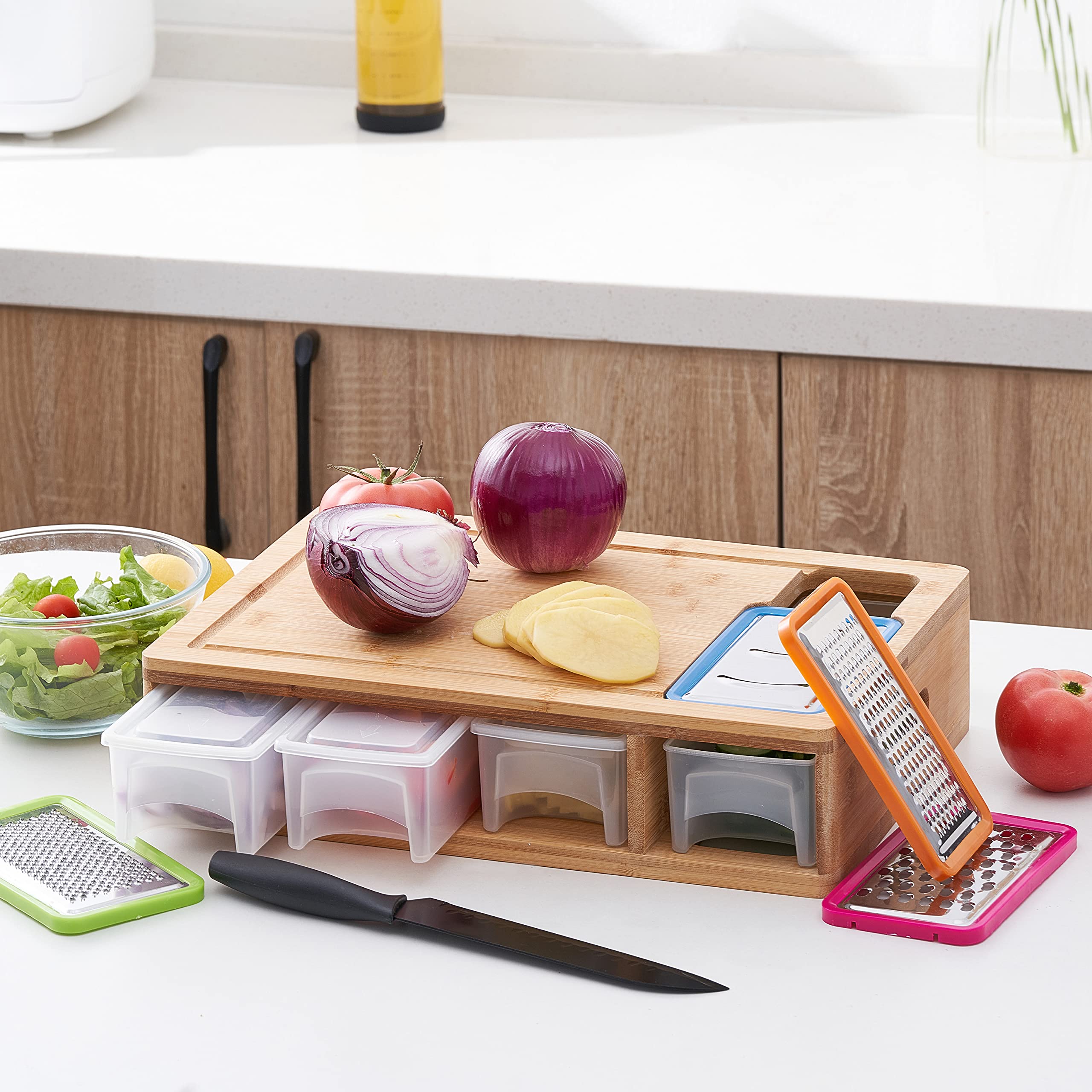 Bamboo Cutting Board with Containers, Lids & Graters – Large Multi-Functional Prep Station with Juice Groove & Easy-Grip Handle
