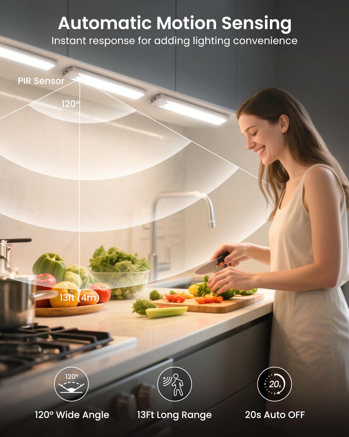 2-Pack Rechargeable Motion Sensor Under Cabinet Lights – Wireless 3-Color Dimmable LED Lights with Cat Eye Glow for Cabinets, Wine Racks & Display Shelves