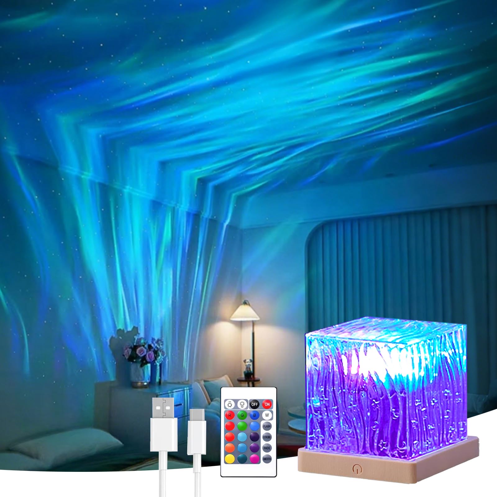 Ocean Wave LED Projector – 16-Color 3D Water Ripple Night Light with Remote for Bedroom, Kids Room, Bathroom & Relaxation