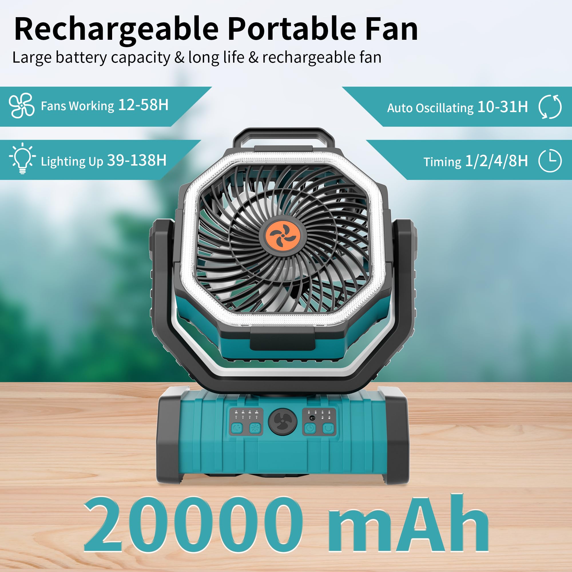 Rechargeable Camping Fan with LED Light – Portable Battery Powered Emergency Fan with 360° Oscillation, Hook & 8H Timer