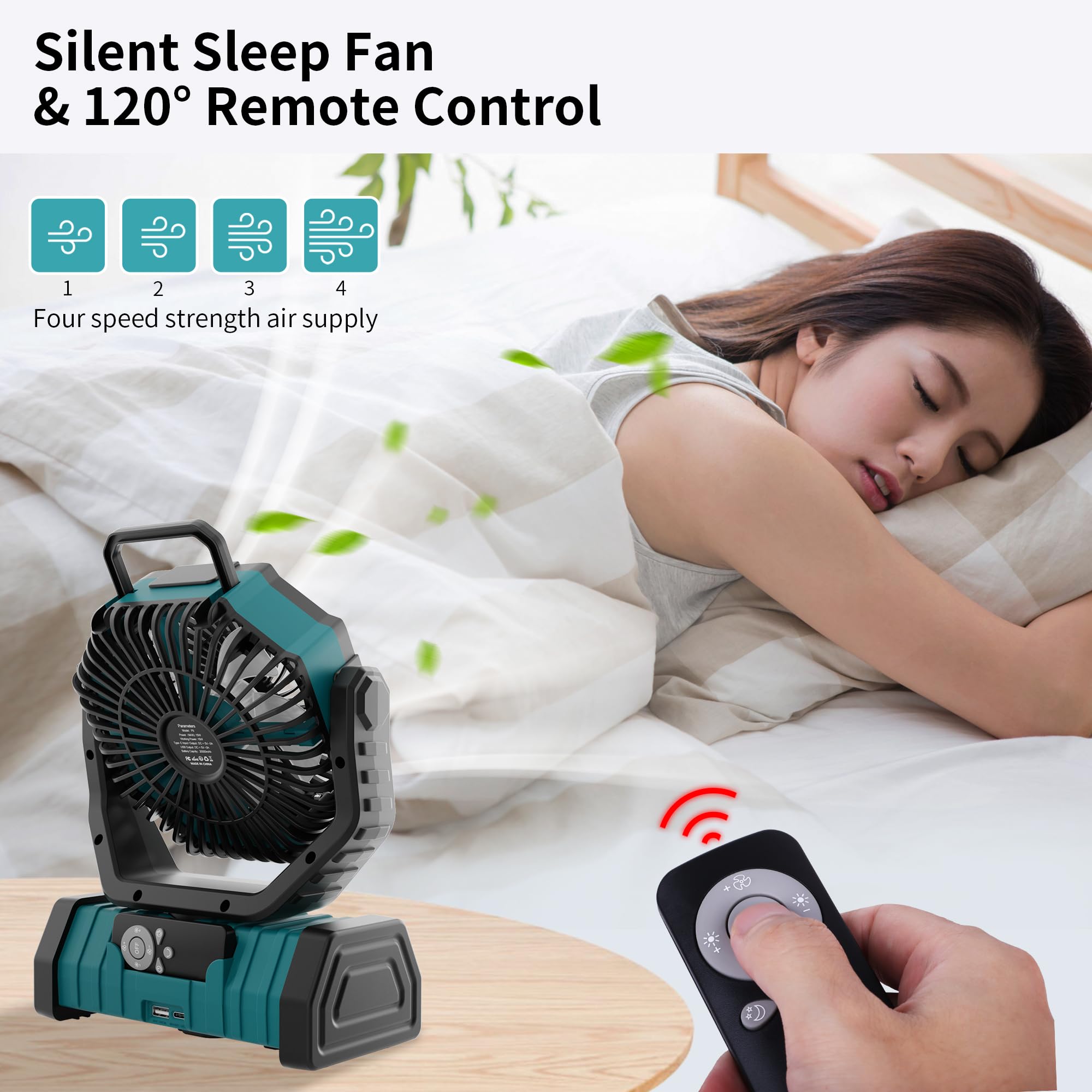 Rechargeable Camping Fan with LED Light – Portable Battery Powered Emergency Fan with 360° Oscillation, Hook & 8H Timer