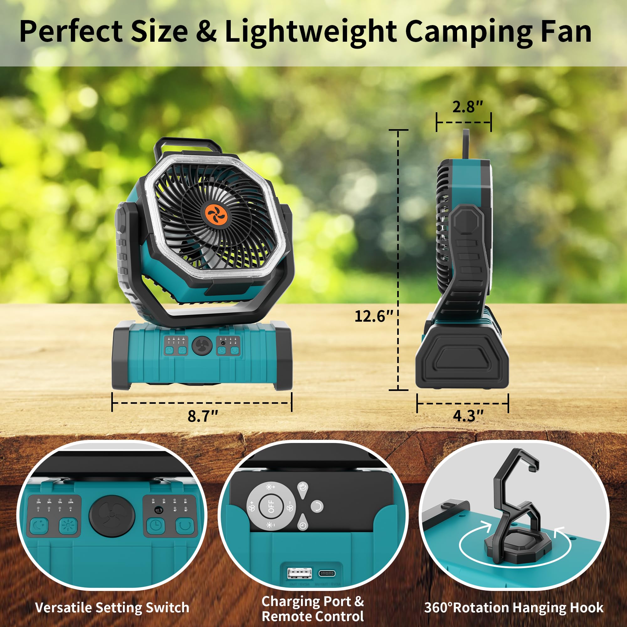 Rechargeable Camping Fan with LED Light – Portable Battery Powered Emergency Fan with 360° Oscillation, Hook & 8H Timer