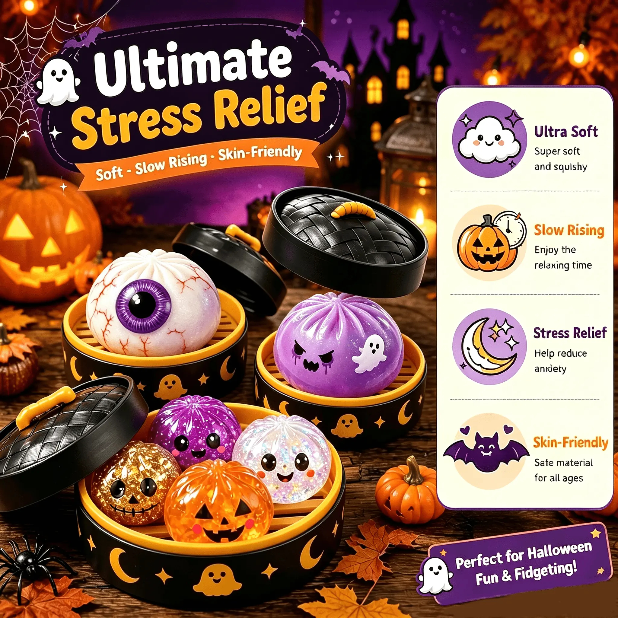 Halloween Ghost Dumpling Squishy Set – Glitter Stress Relief Fidget Toys & Party Favors