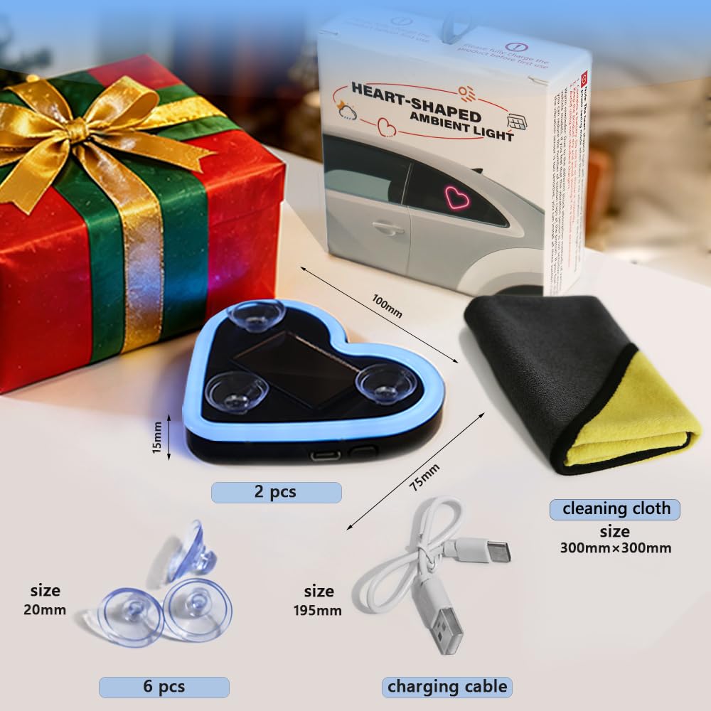 2PCS Heart-Shaped Car Ambient Lights – Solar Powered Pink LED Interior Decor