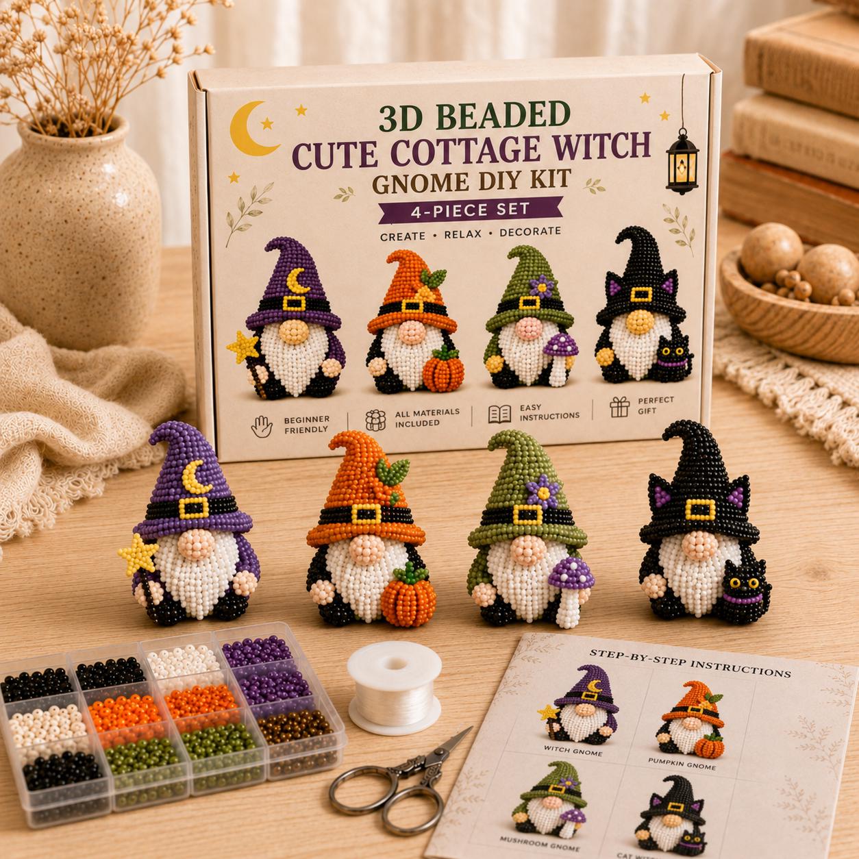 3D Beaded Gnome DIY Kit – 4-Piece Cute Handmade Craft Set for Beginners & Home Decor
