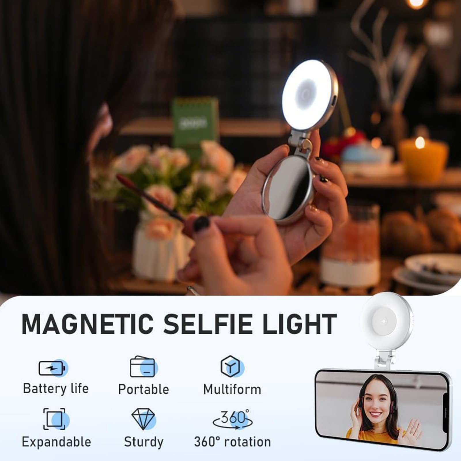 3-in-1 Magnetic Selfie Light with Mirror – Rechargeable LED Fill Light for Phones