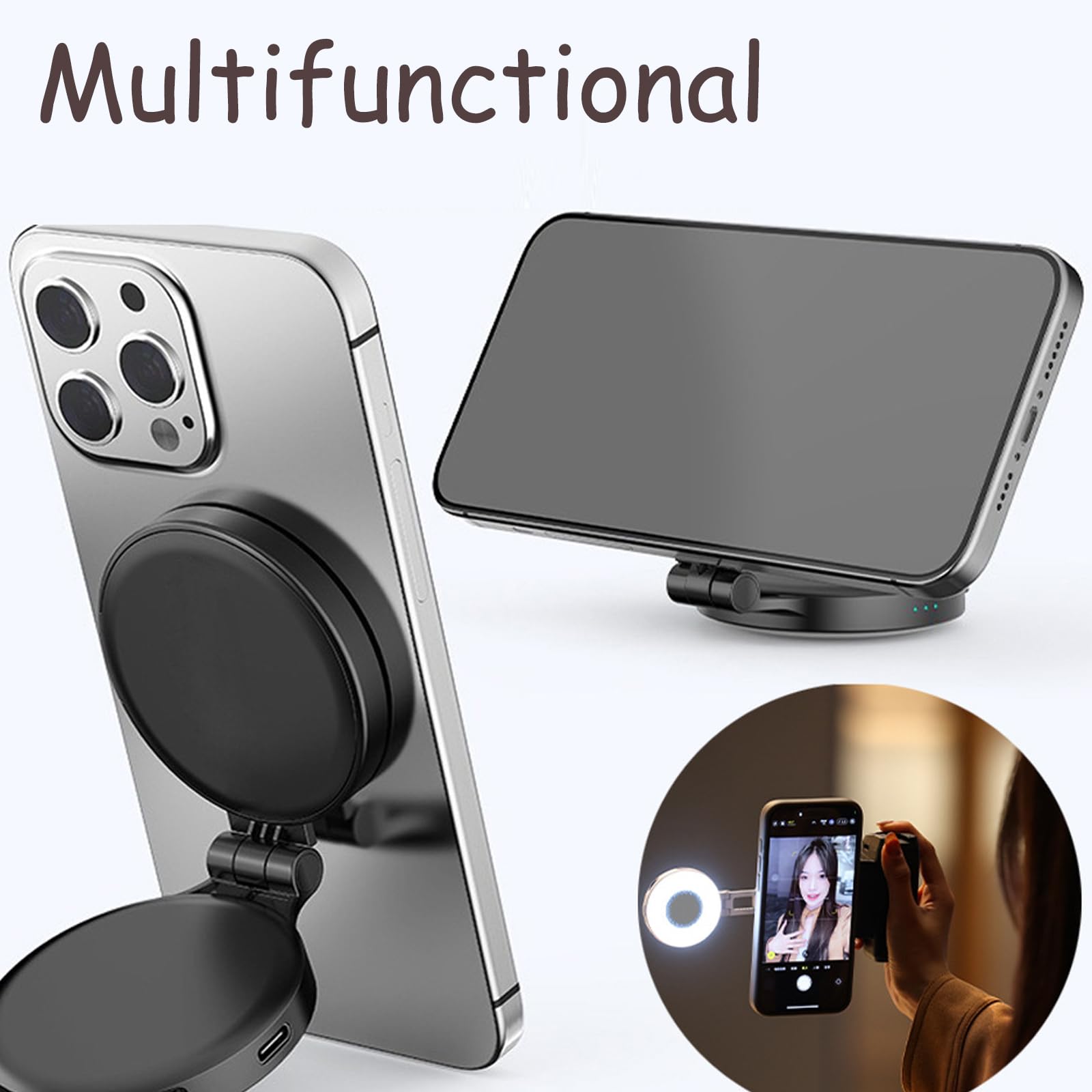 3-in-1 Magnetic Selfie Light with Mirror – Rechargeable LED Fill Light for Phones
