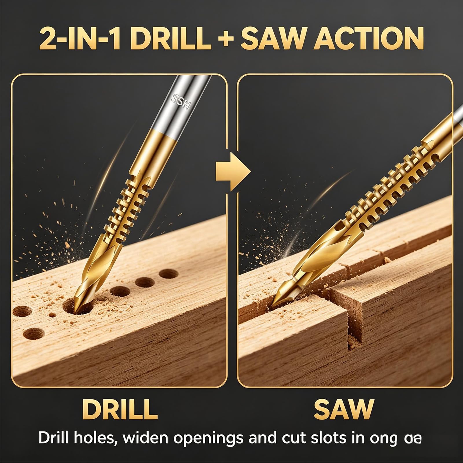 6-Pack High Speed Steel Drill Bit Set – 135° Gold Titanium Coated Metal & Wood Drill Bits for Drilling, Cutting, Carving & Polishing