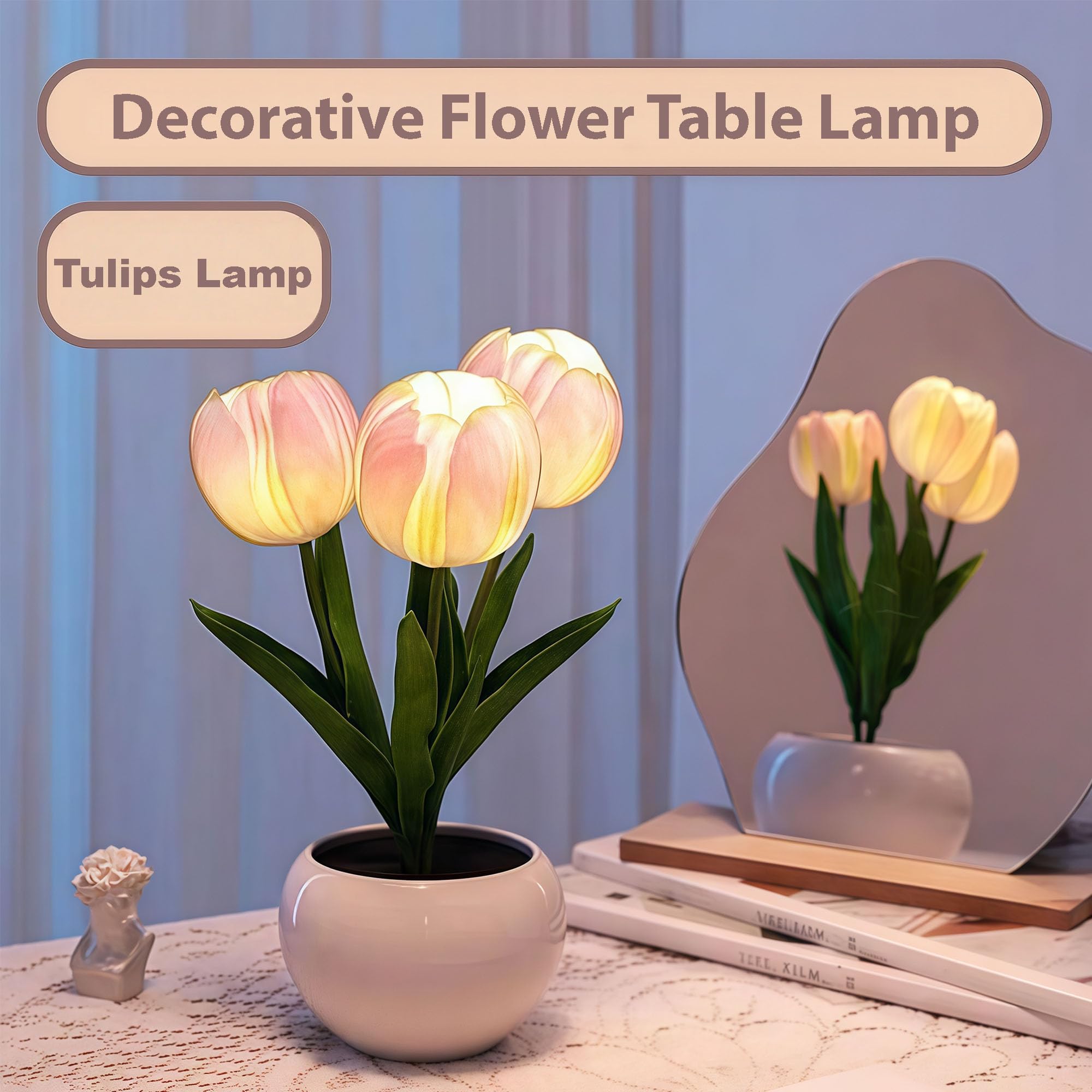 LED Tulip Flower Table Lamp – Romantic Pink Night Light with Vase for Bedroom, Desk & Cozy Home Decor