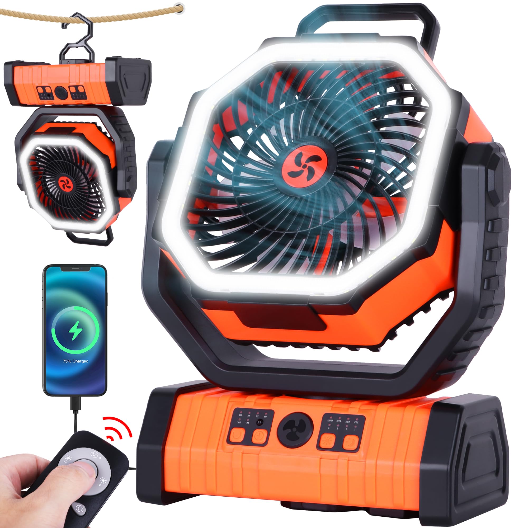 Rechargeable Camping Fan with LED Light – Portable Battery Powered Emergency Fan with 360° Oscillation, Hook & 8H Timer
