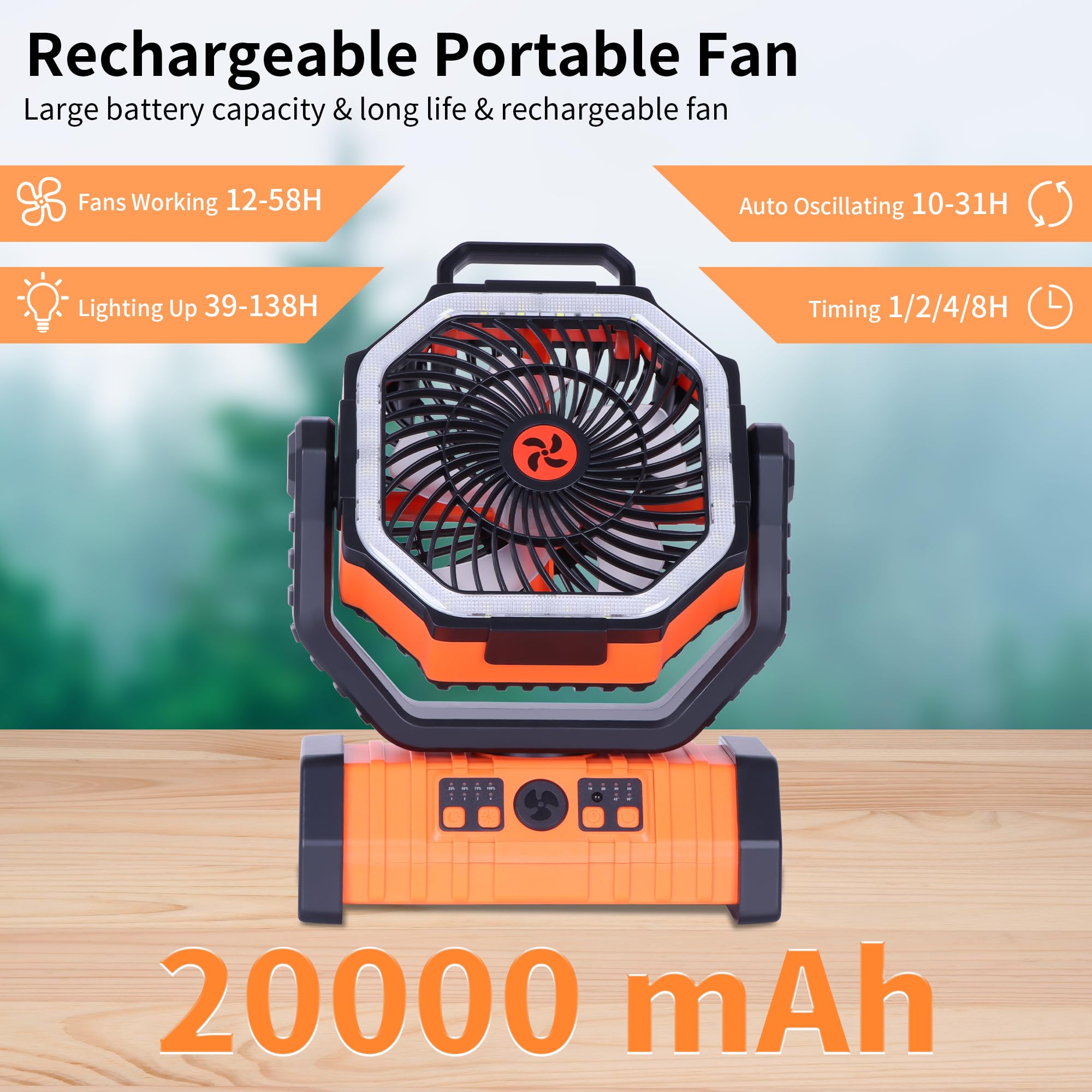 Rechargeable Camping Fan with LED Light – Portable Battery Powered Emergency Fan with 360° Oscillation, Hook & 8H Timer