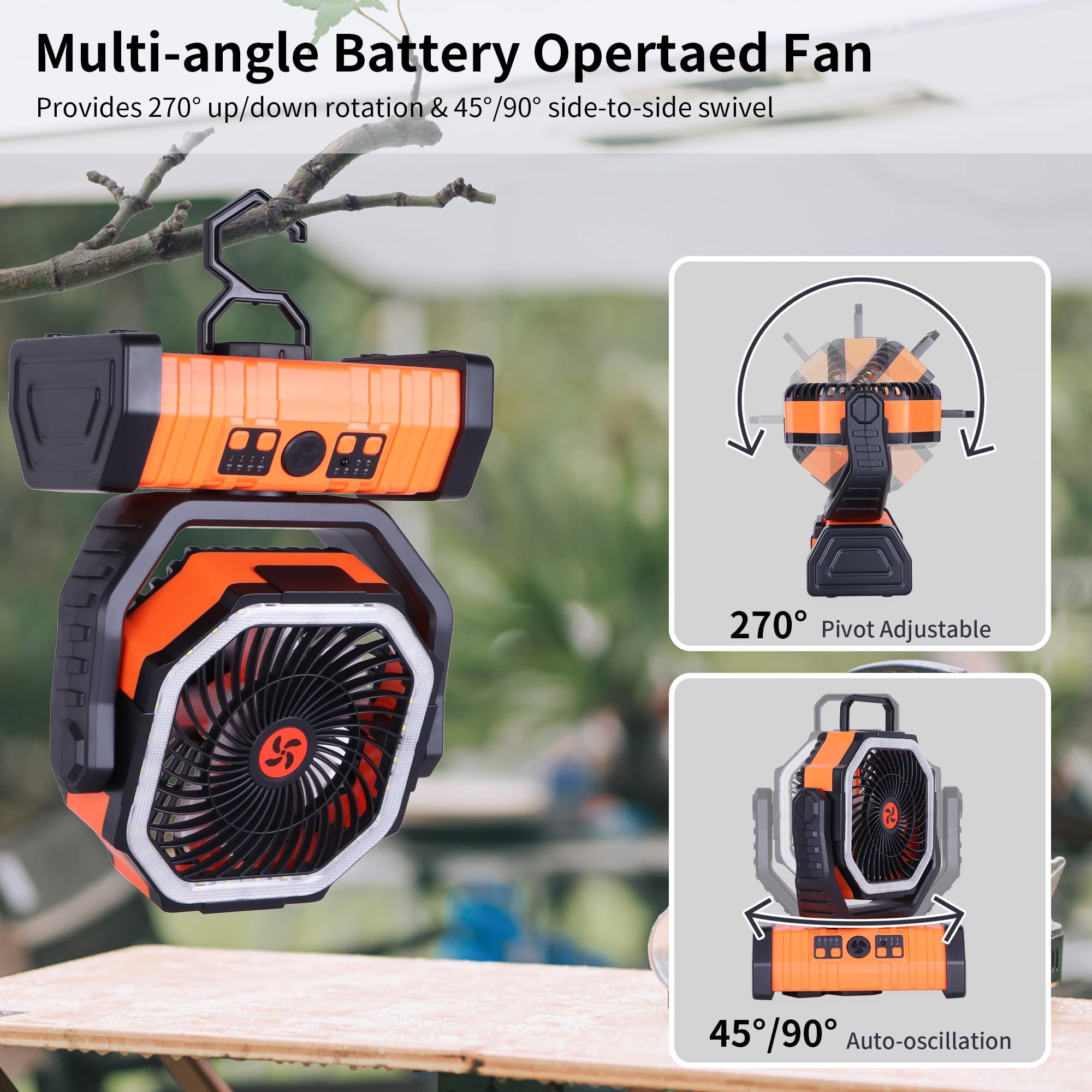 Rechargeable Camping Fan with LED Light – Portable Battery Powered Emergency Fan with 360° Oscillation, Hook & 8H Timer
