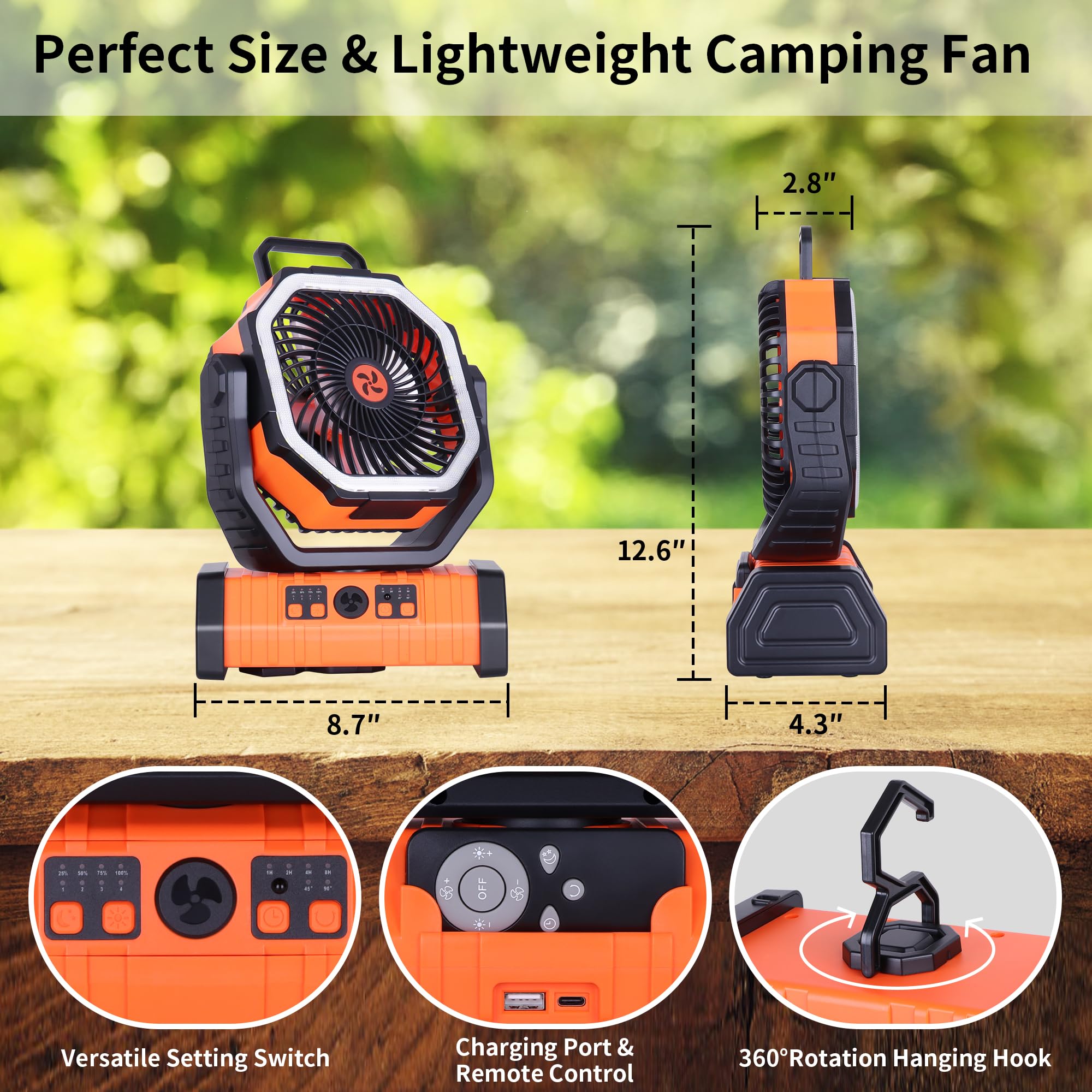 Rechargeable Camping Fan with LED Light – Portable Battery Powered Emergency Fan with 360° Oscillation, Hook & 8H Timer