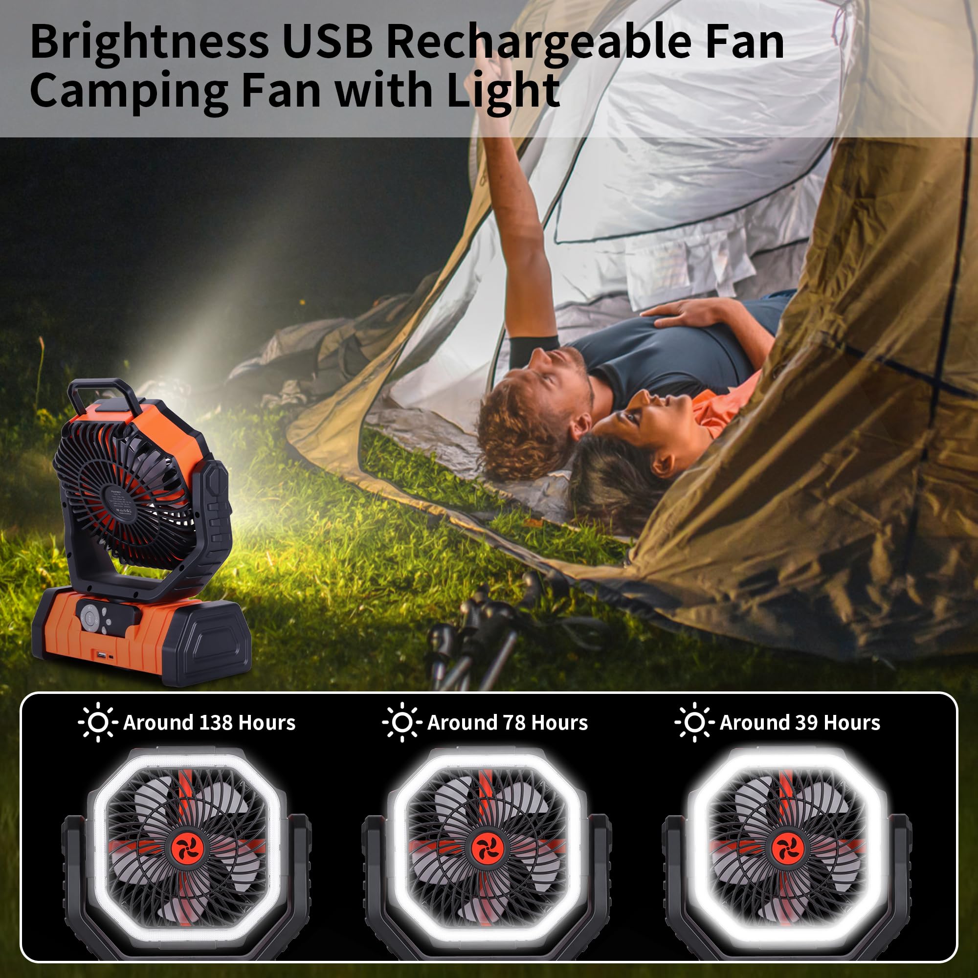 Rechargeable Camping Fan with LED Light – Portable Battery Powered Emergency Fan with 360° Oscillation, Hook & 8H Timer