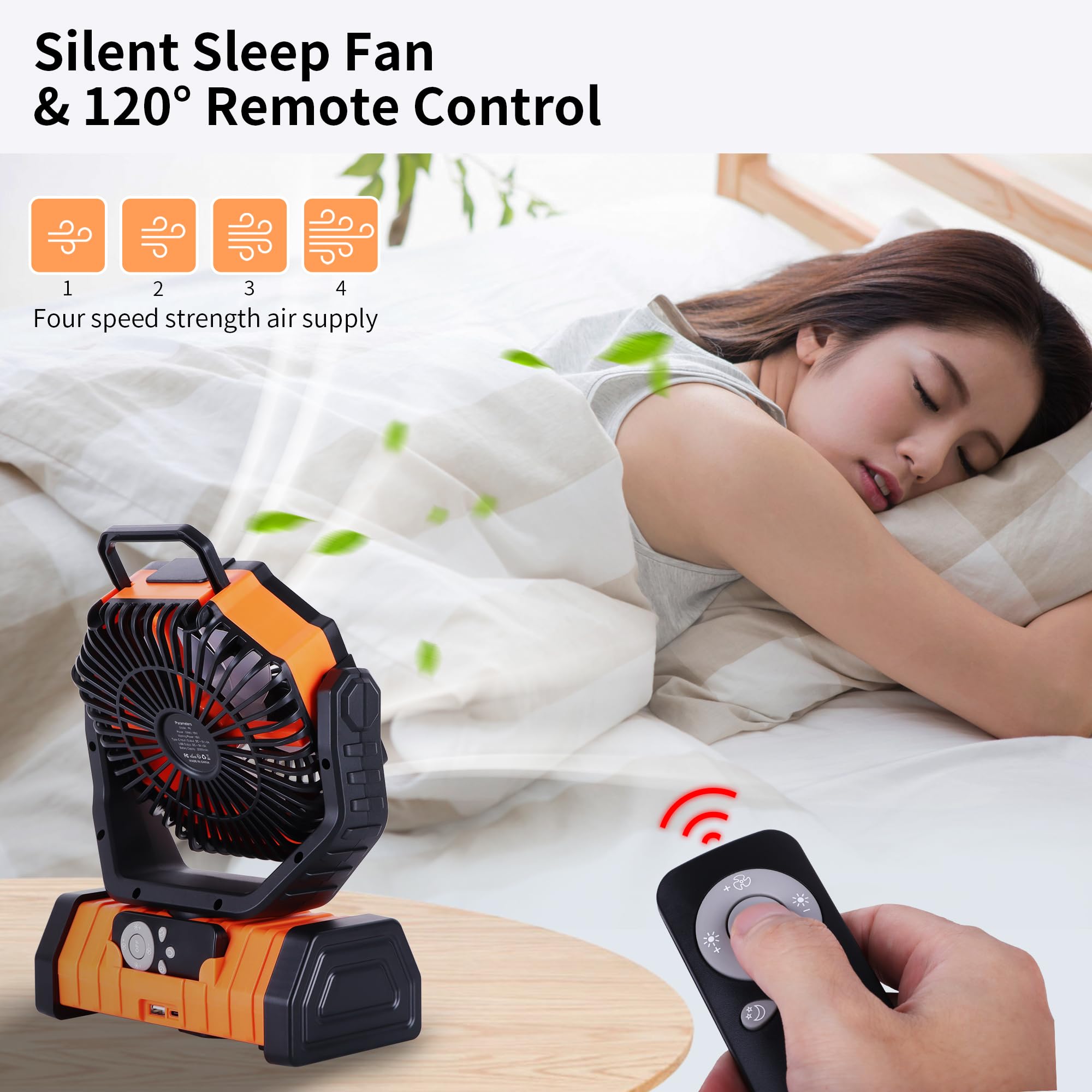 Rechargeable Camping Fan with LED Light – Portable Battery Powered Emergency Fan with 360° Oscillation, Hook & 8H Timer