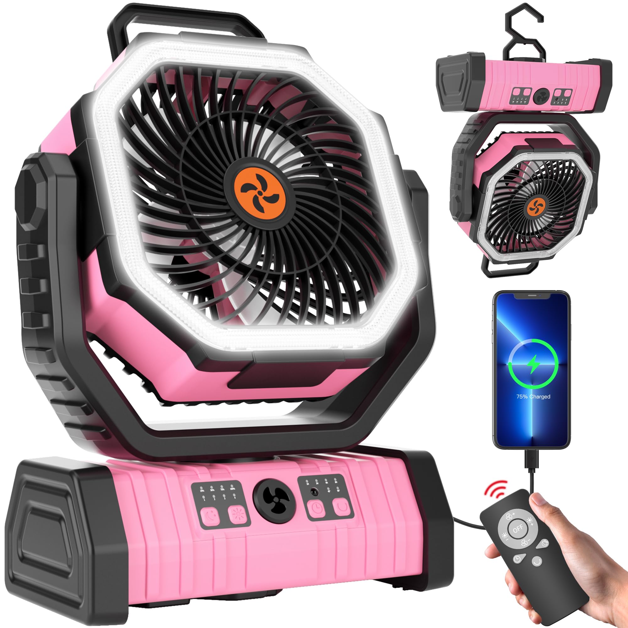 Rechargeable Camping Fan with LED Light – Portable Battery Powered Emergency Fan with 360° Oscillation, Hook & 8H Timer