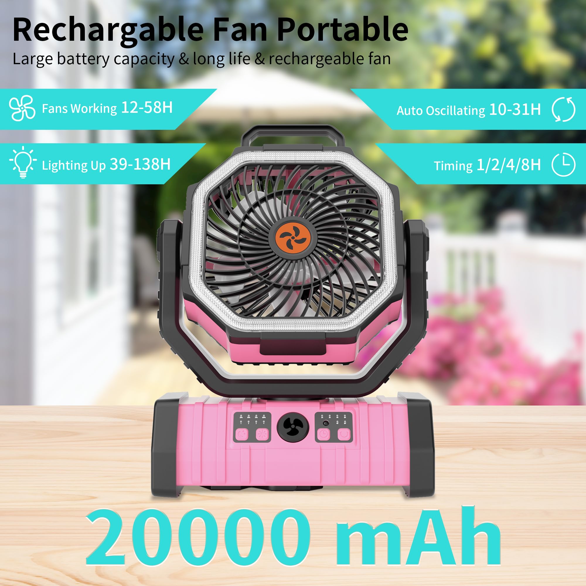 Rechargeable Camping Fan with LED Light – Portable Battery Powered Emergency Fan with 360° Oscillation, Hook & 8H Timer